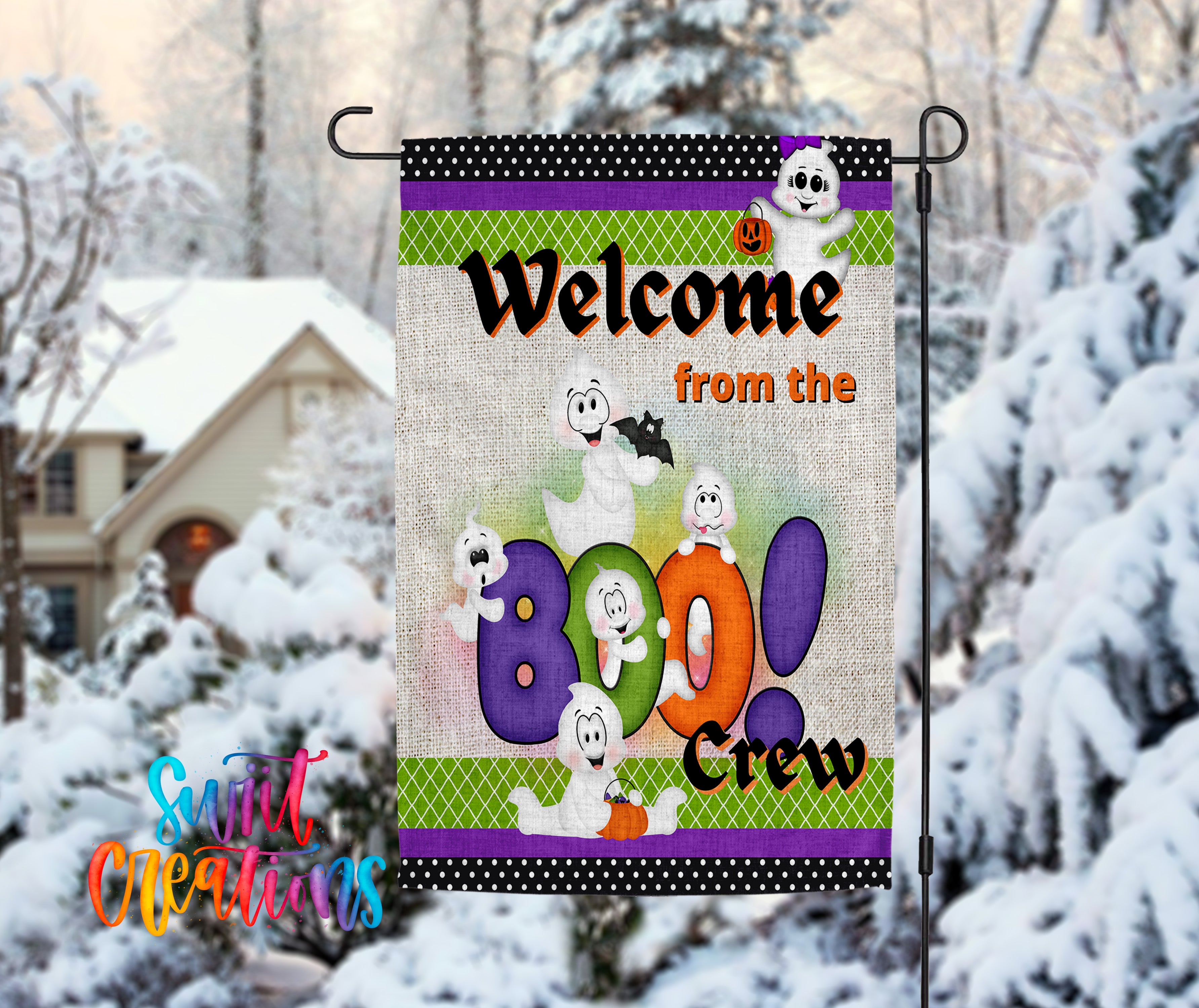 A Halloween-themed garden flag with a welcoming message and various ghost characters.