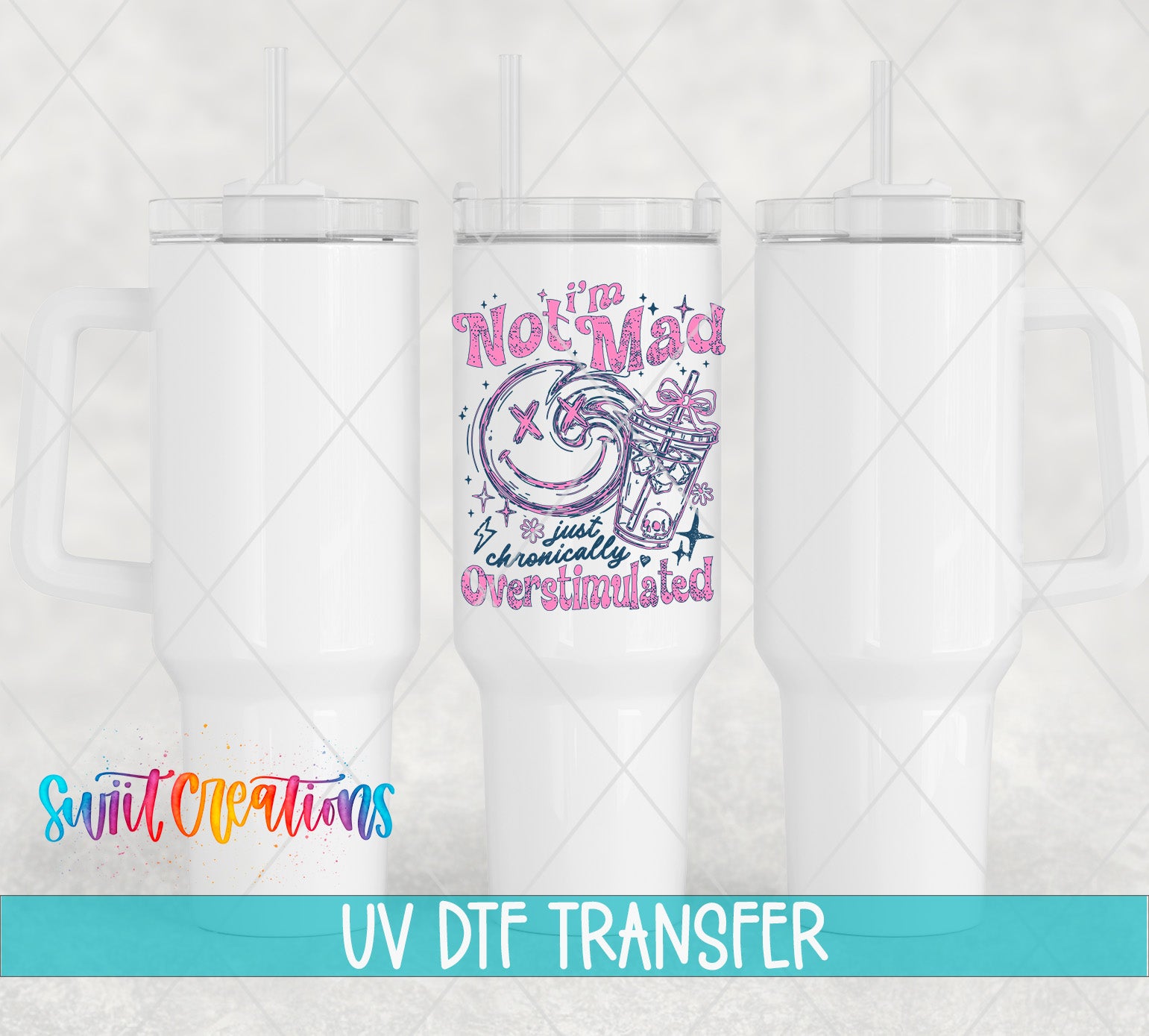 three white tumblers with a colorful graphic design on them.