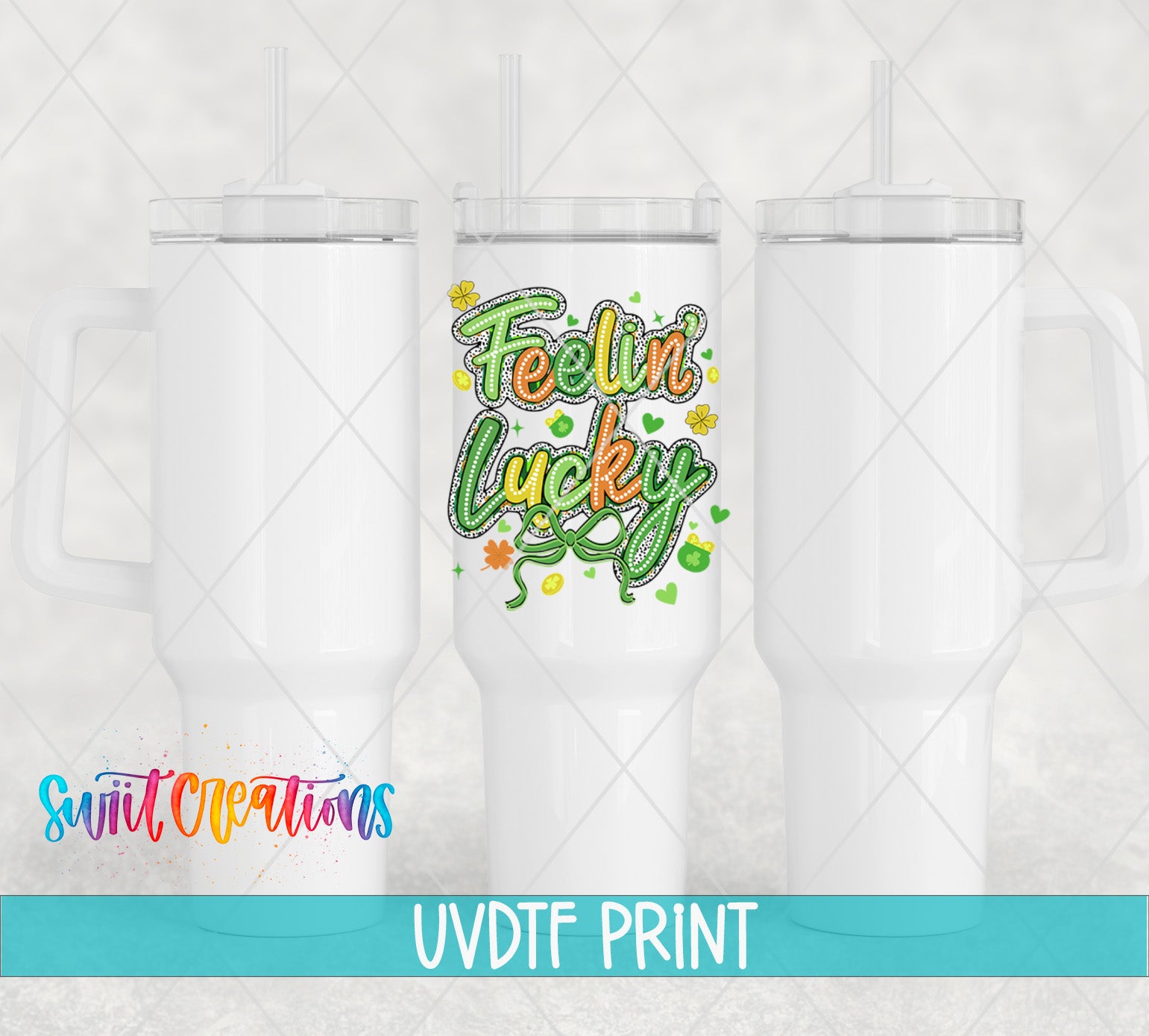 three white tumblers with the words feelin lucky on them