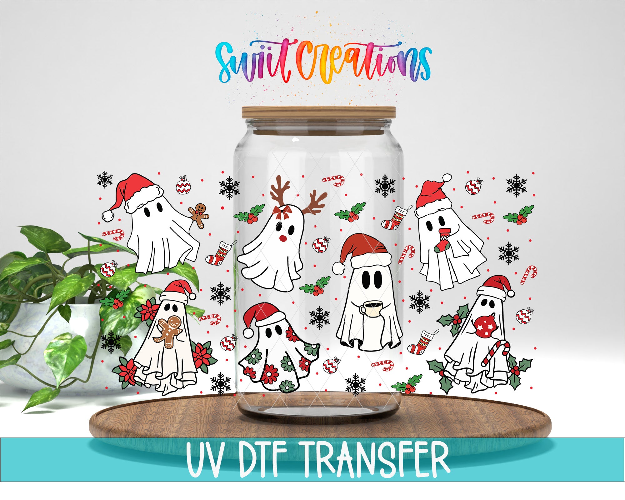 A glass jar filled with various cartoon-style ghost characters wearing Santa hats, surrounded by festive decorations like snowflakes, candy canes, and pine cones. The jar is placed on a wooden surface, and there is a plant in the background.
