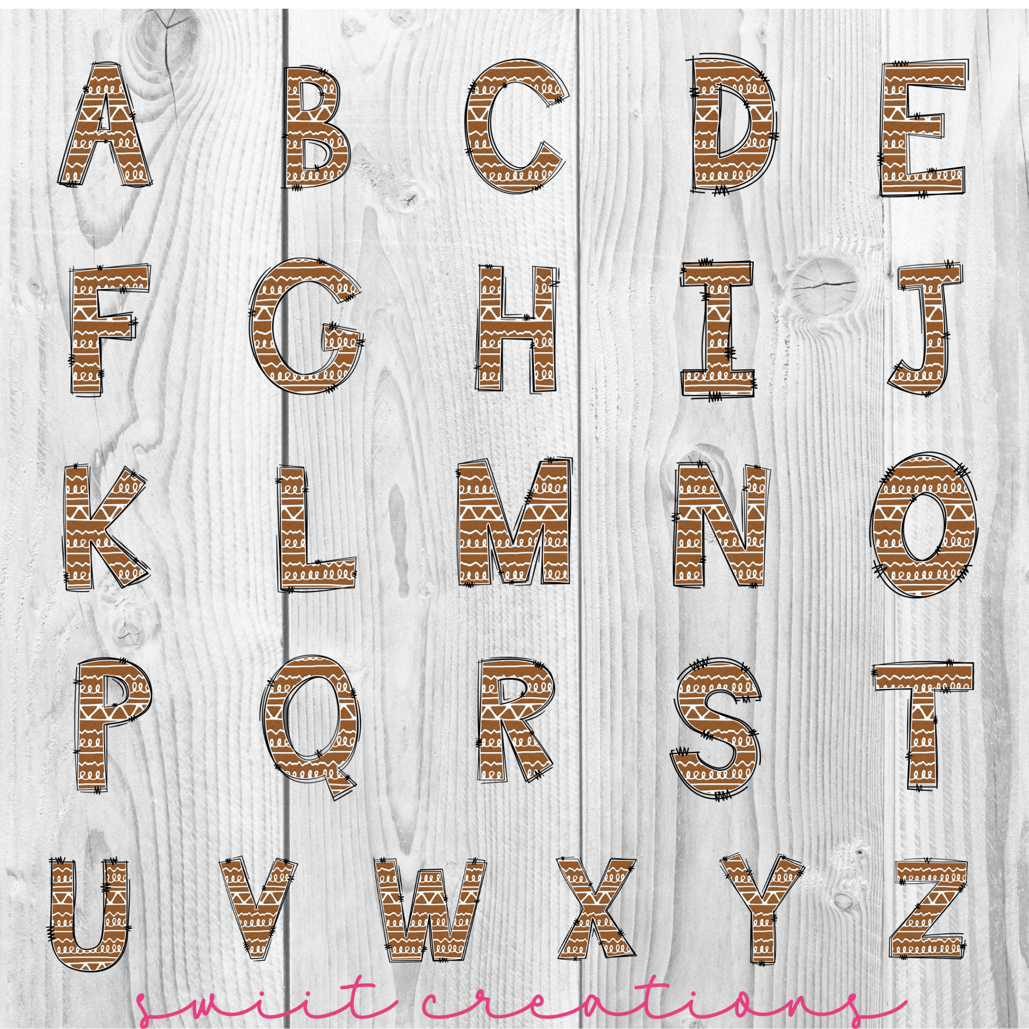 a set of wooden letters and numbers on a white wood background