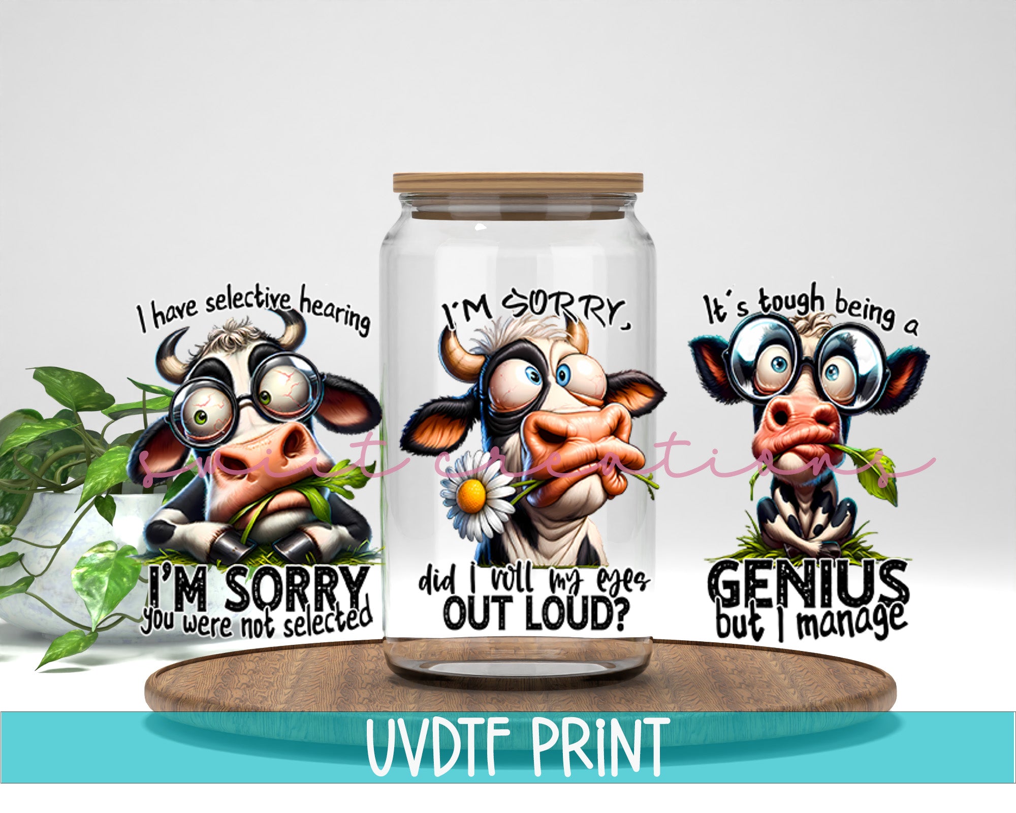a jar with a picture of a cow inside of it