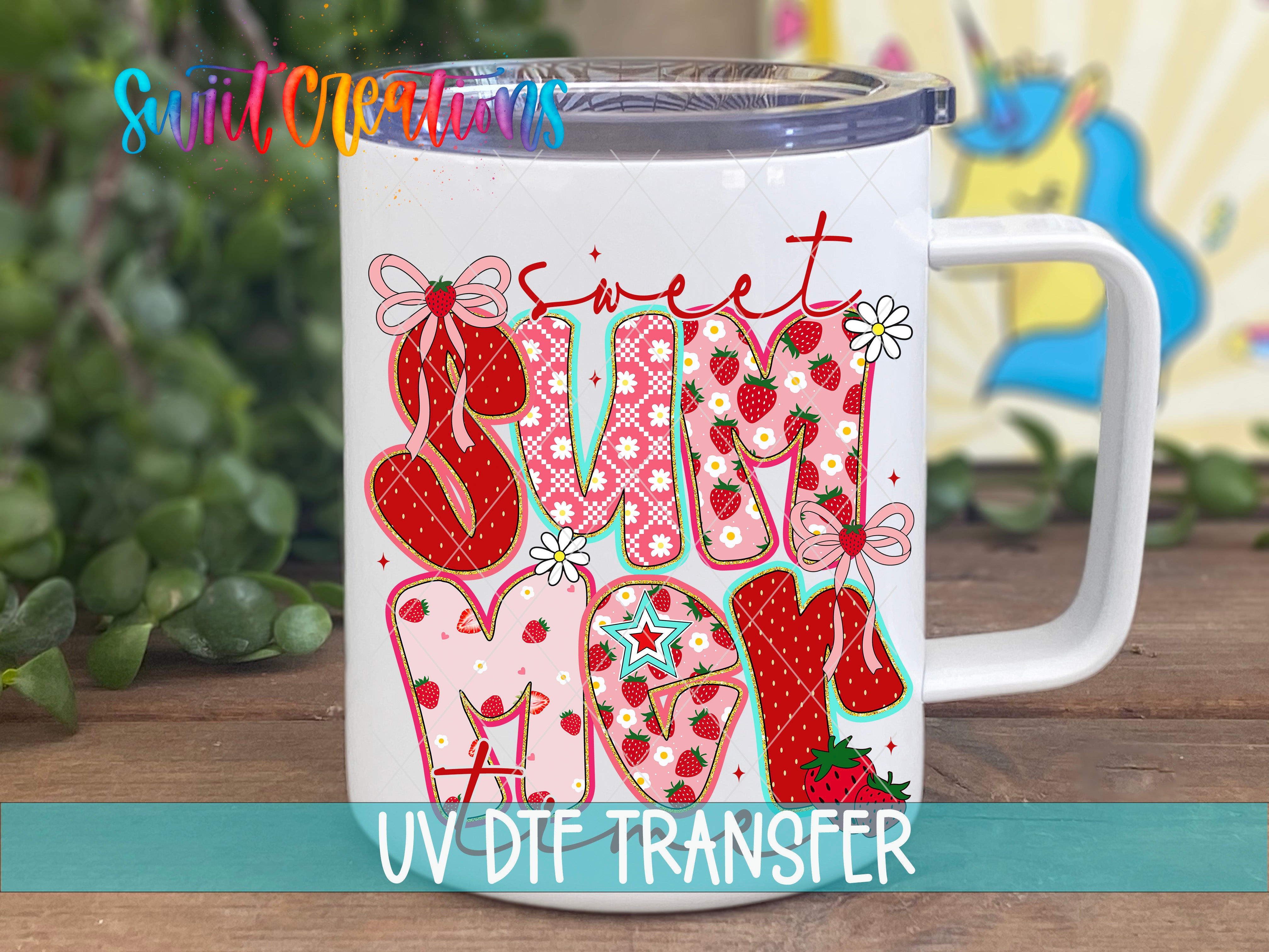 A white mug with a colorful design featuring the word "SUMMER" and various decorative elements such as flowers and stars.