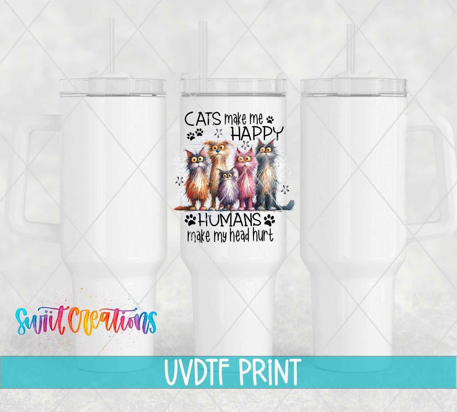 three mugs with cats on them and the words cats make me happy and humans