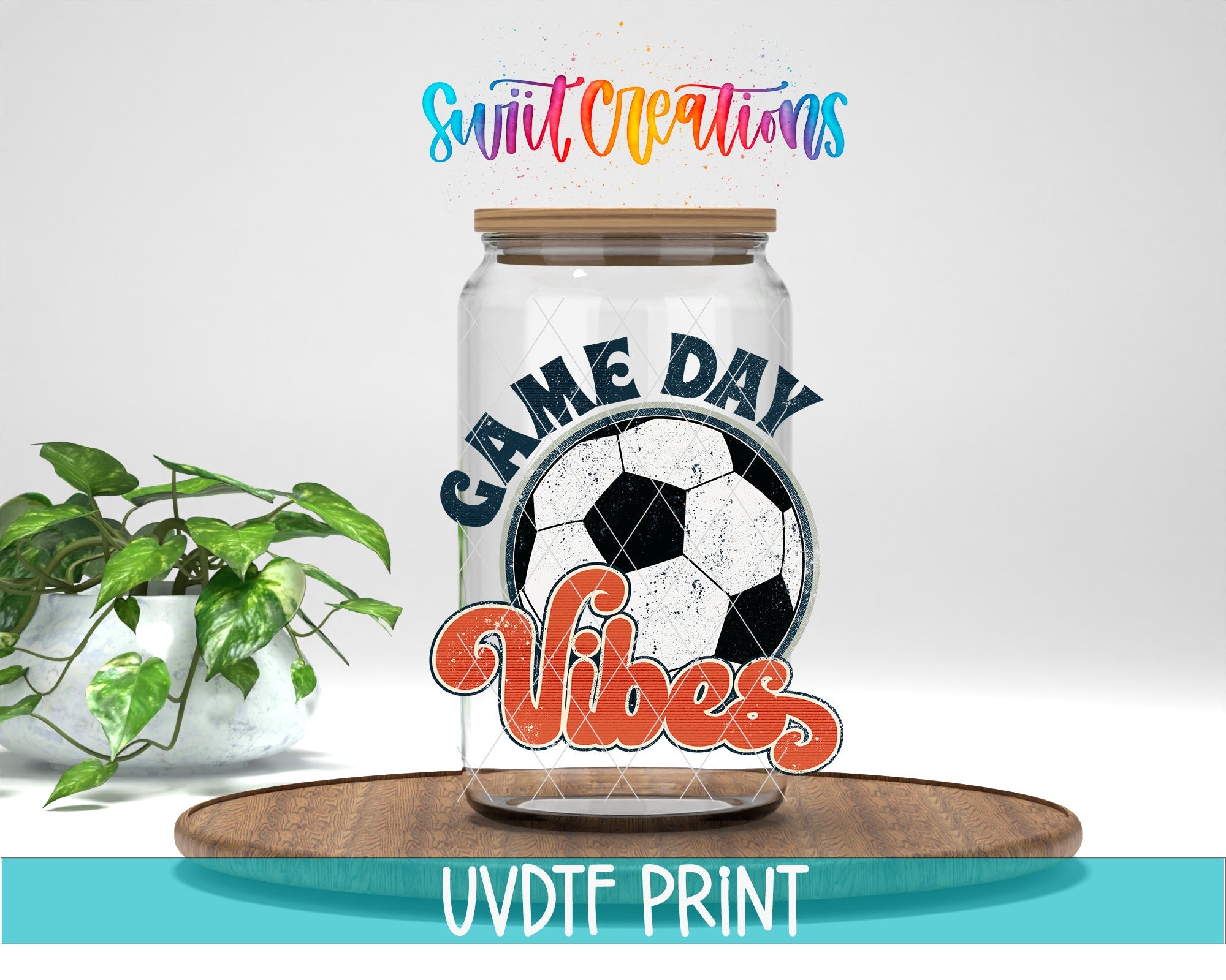 a glass jar with a soccer ball inside of it