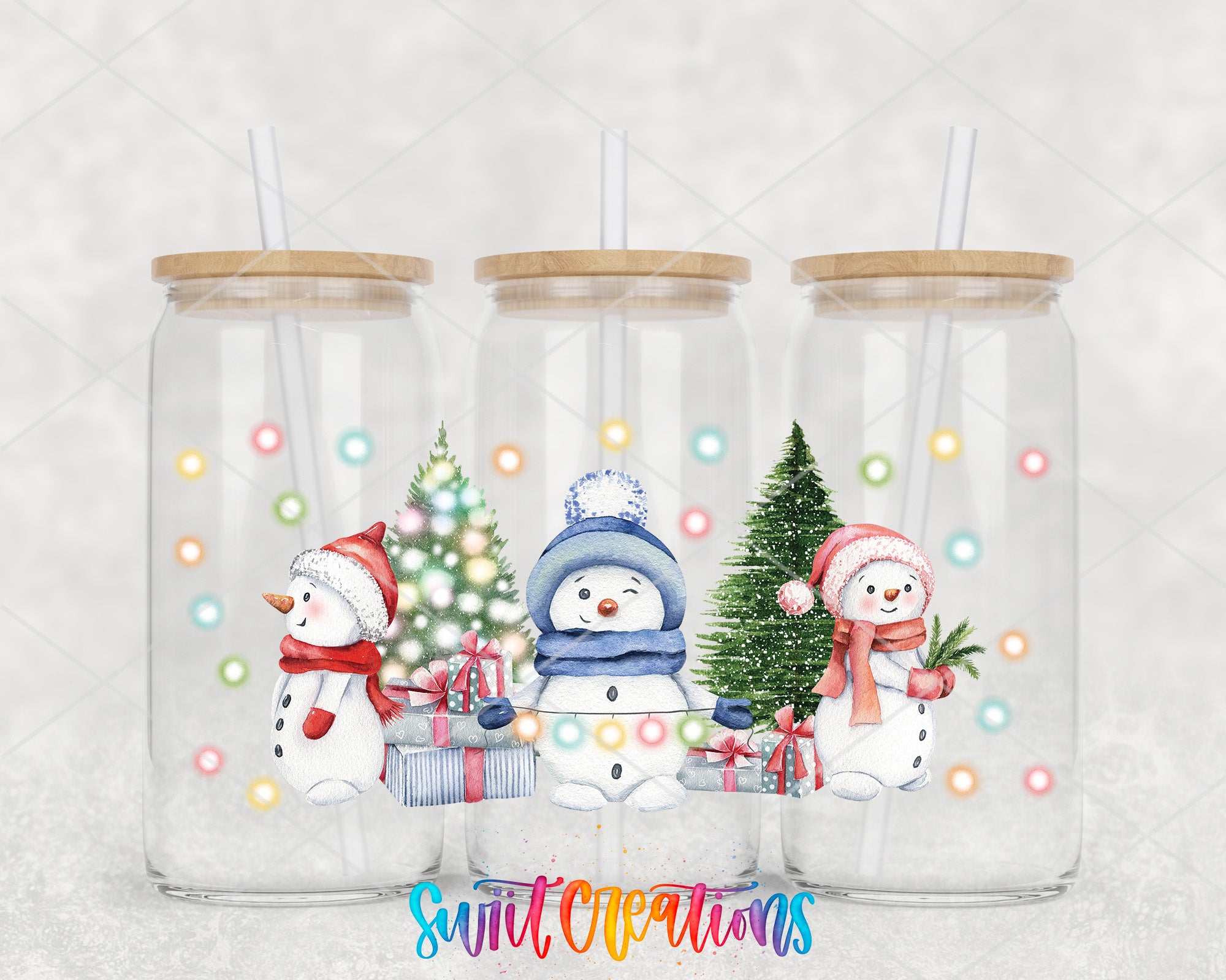 A collage of three glass jars with illustrations of snowmen and Christmas trees, each with a straw lid.