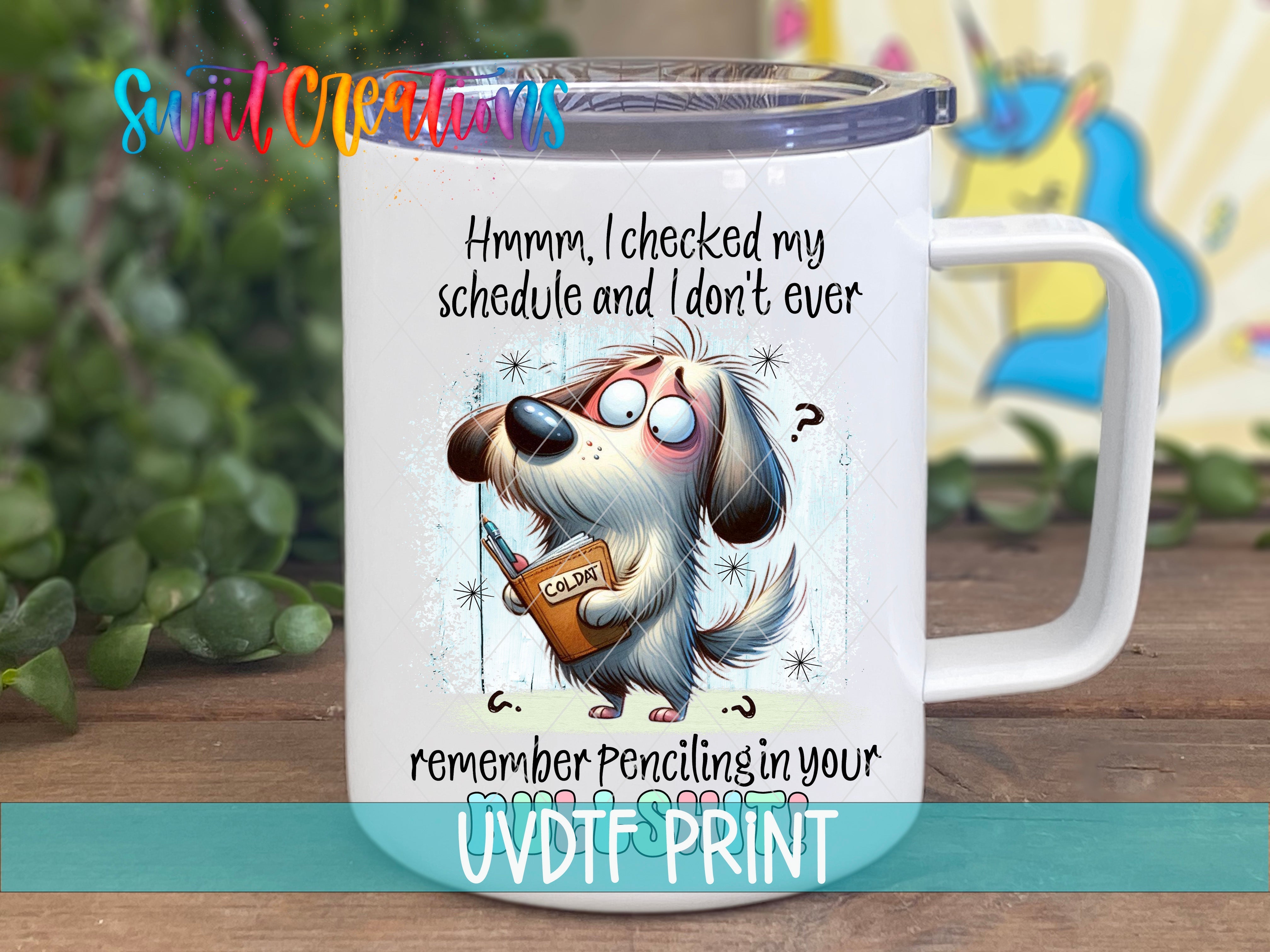a white coffee mug with a cartoon dog on it