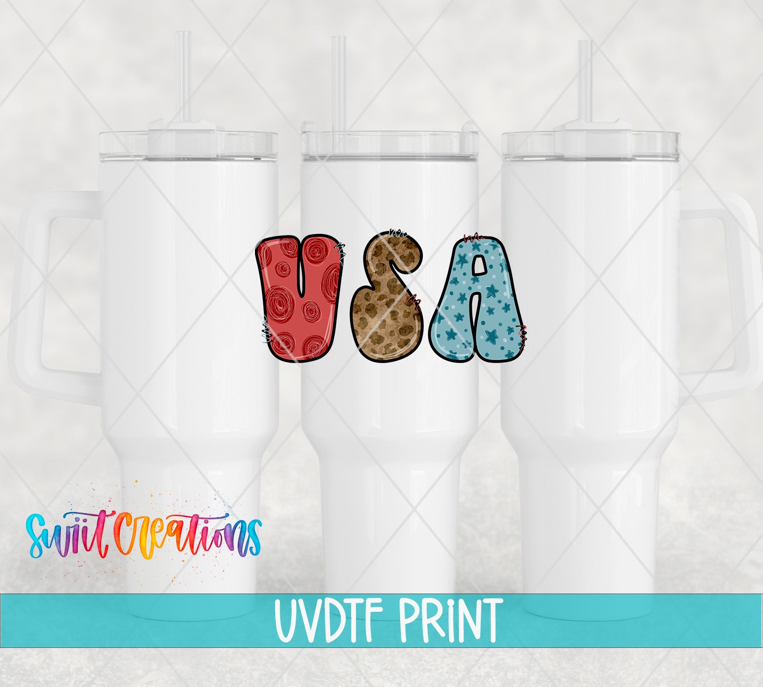 three white tumblers with the word "USA" printed on them in a stylized font.
