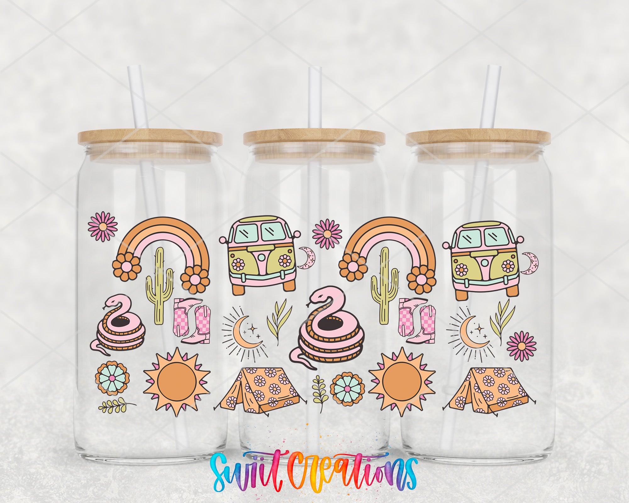 Three glass tumblers with colorful illustrations and straws on top, including a van, rainbow, cactus, snake, tent, and sun.