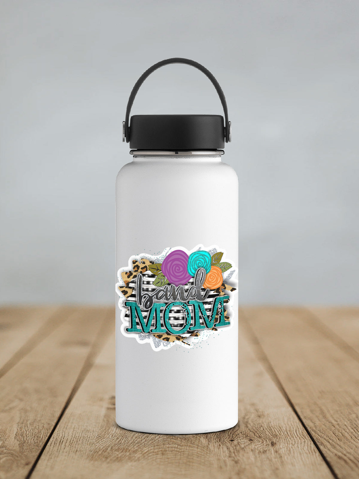 Leopard Floral Band Mom sticker on a white insulated water bottle