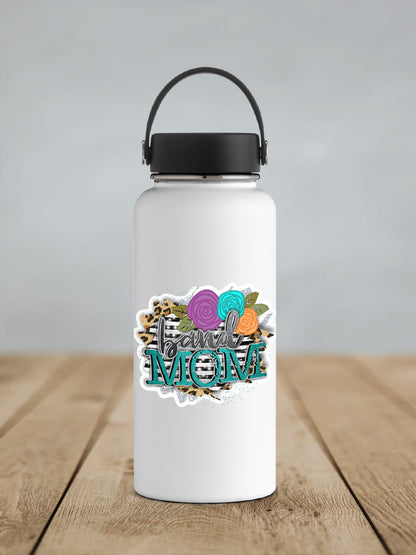 Leopard Floral Band Mom sticker on a white insulated water bottle
