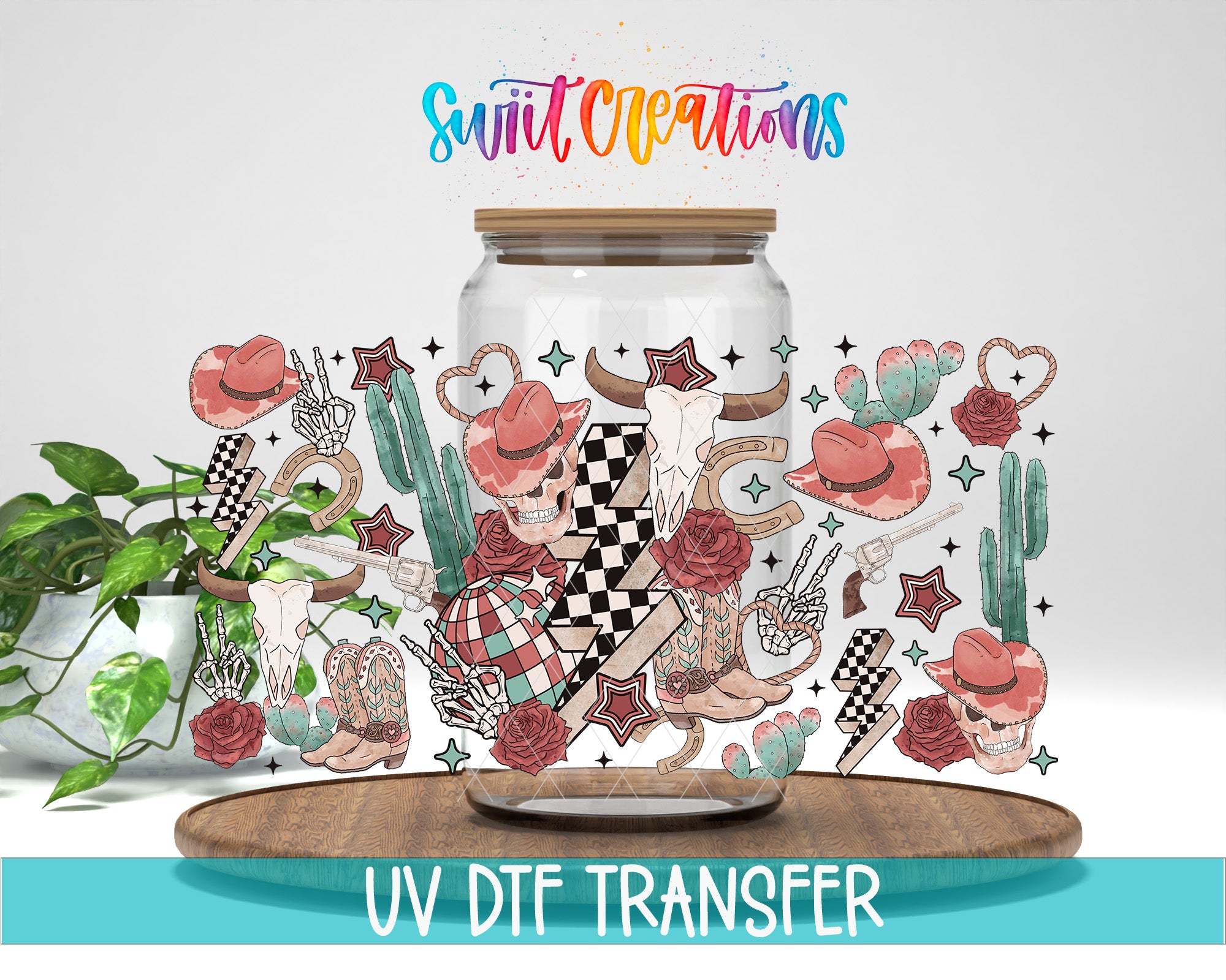 a glass jar with a colorful, illustrated design on it, placed on a wooden surface. The jar is surrounded by various decorative elements such as cacti, flowers, and stars. The text "Swit Creations" is written above the jar, and "UV Dtf Transfer" is written below it.