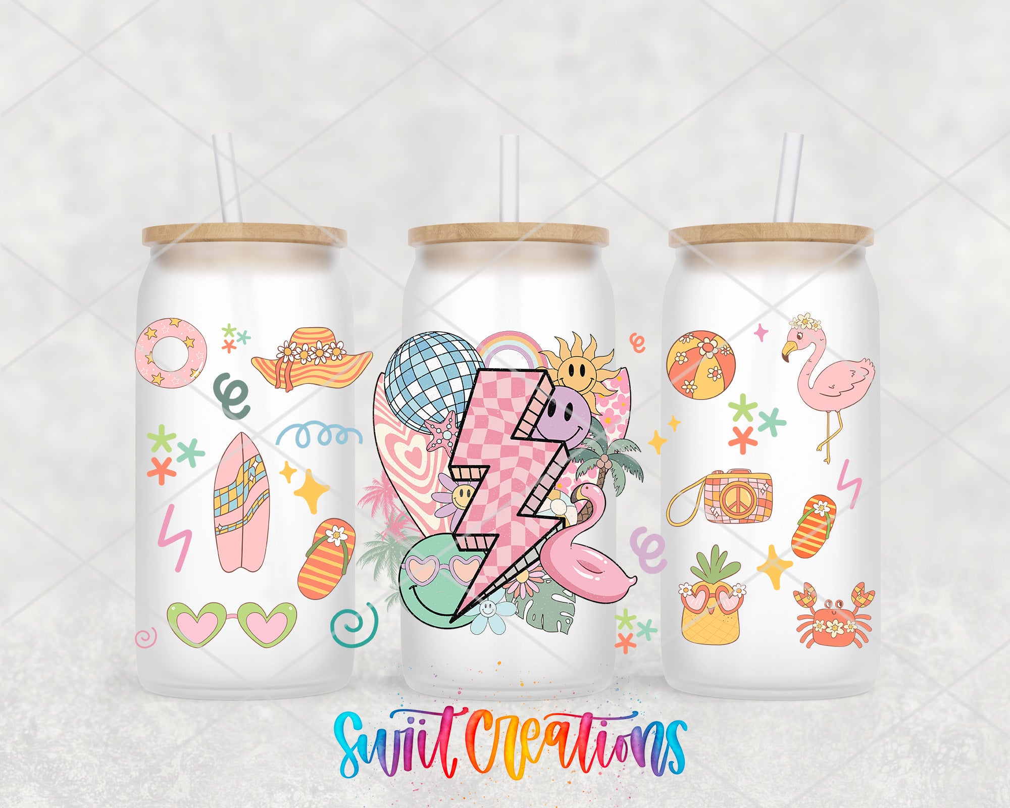 three colorful glass tumblers with various illustrations and designs, including a lightning bolt, a flamingo, sunglasses, and other beach-themed elements.