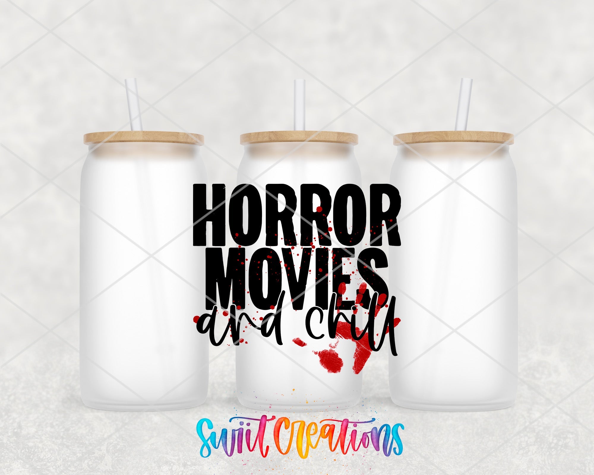 two white tumblers with the words horror movies are next to each other