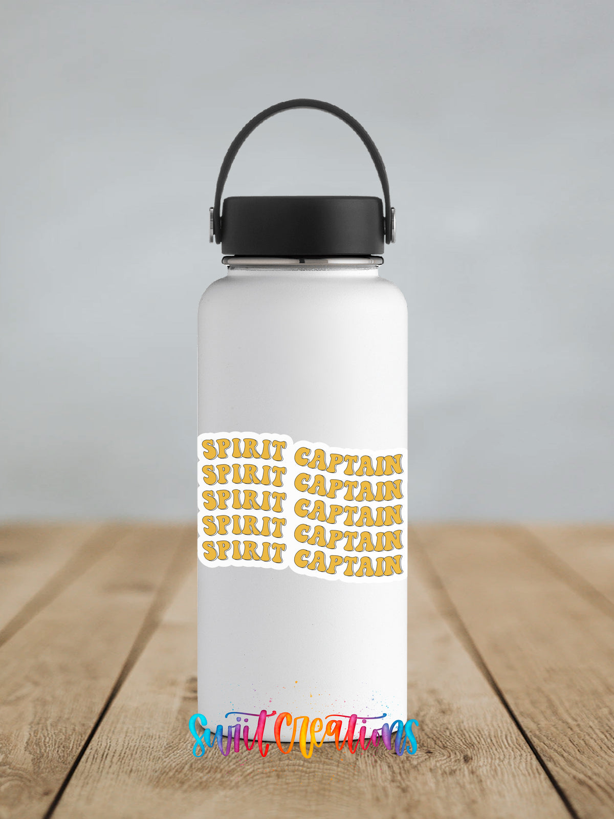 A white water bottle with a black handle and a black cap, featuring a repeating text design on its surface.