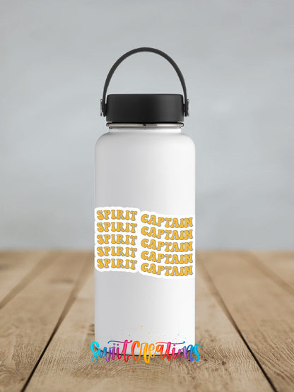 A white water bottle with a black handle and a black cap, featuring a repeating text design on its surface.