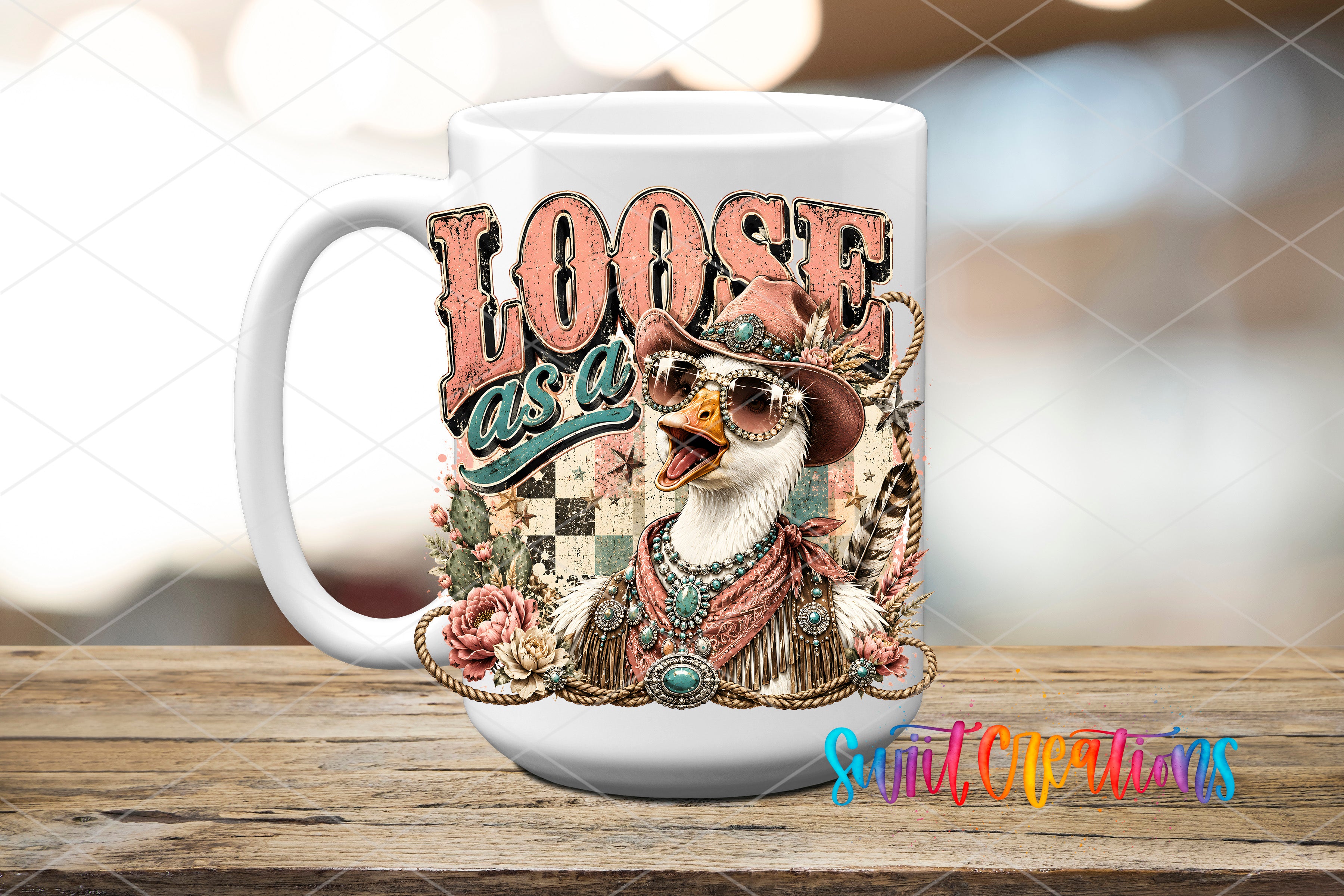 A white ceramic mug with a colorful and whimsical design featuring a cartoon duck wearing sunglasses and a hat, surrounded by various decorative elements.