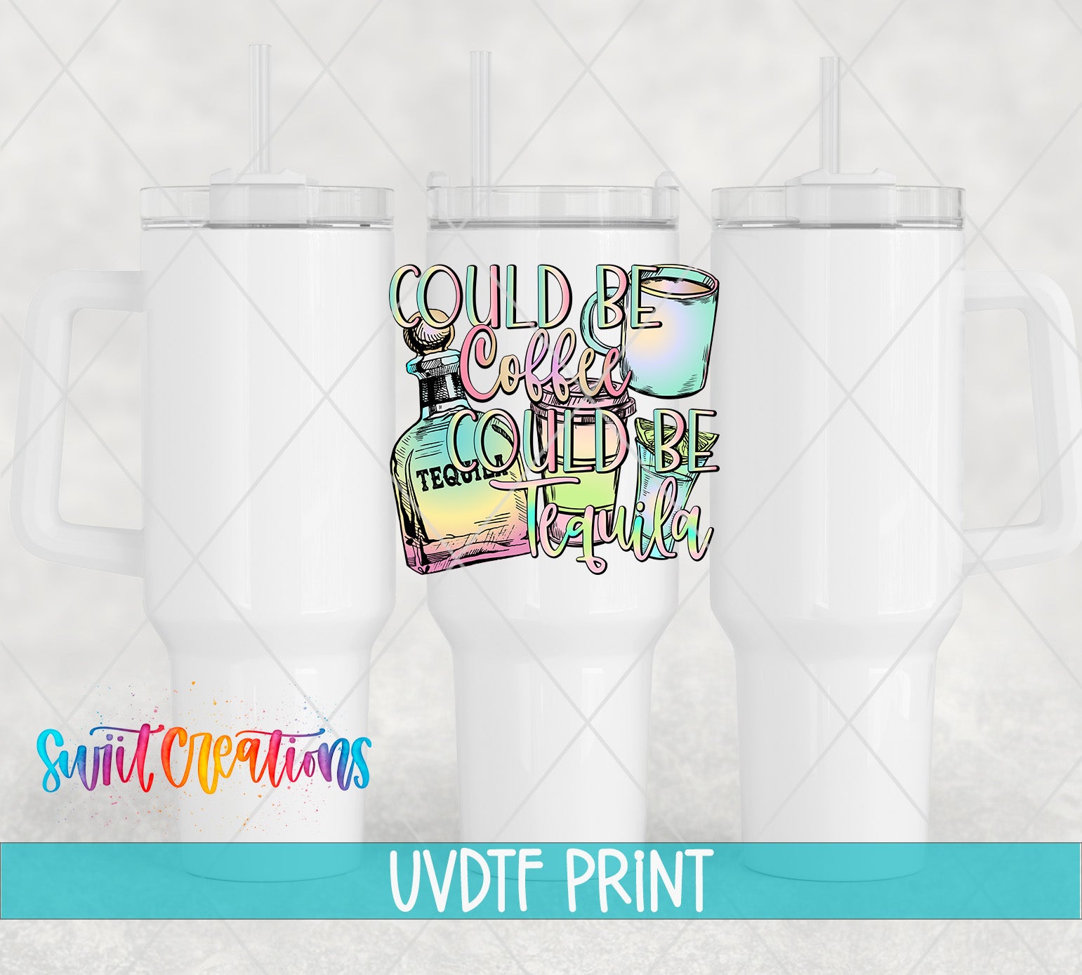 a colorful graphic design with text and illustrations of a tequila bottle and a tequila glass.