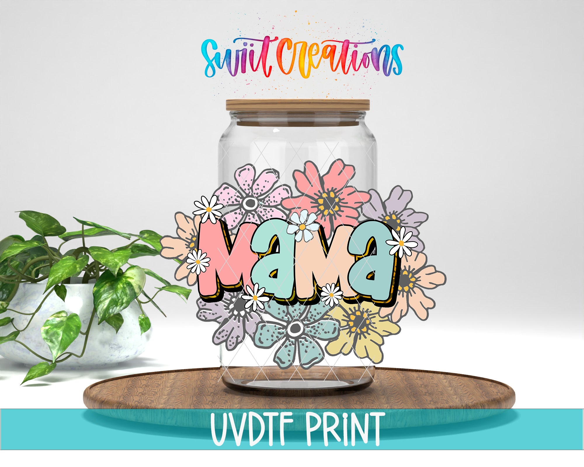 A glass jar with a floral design and the word "Mama" written on it, placed on a wooden surface.