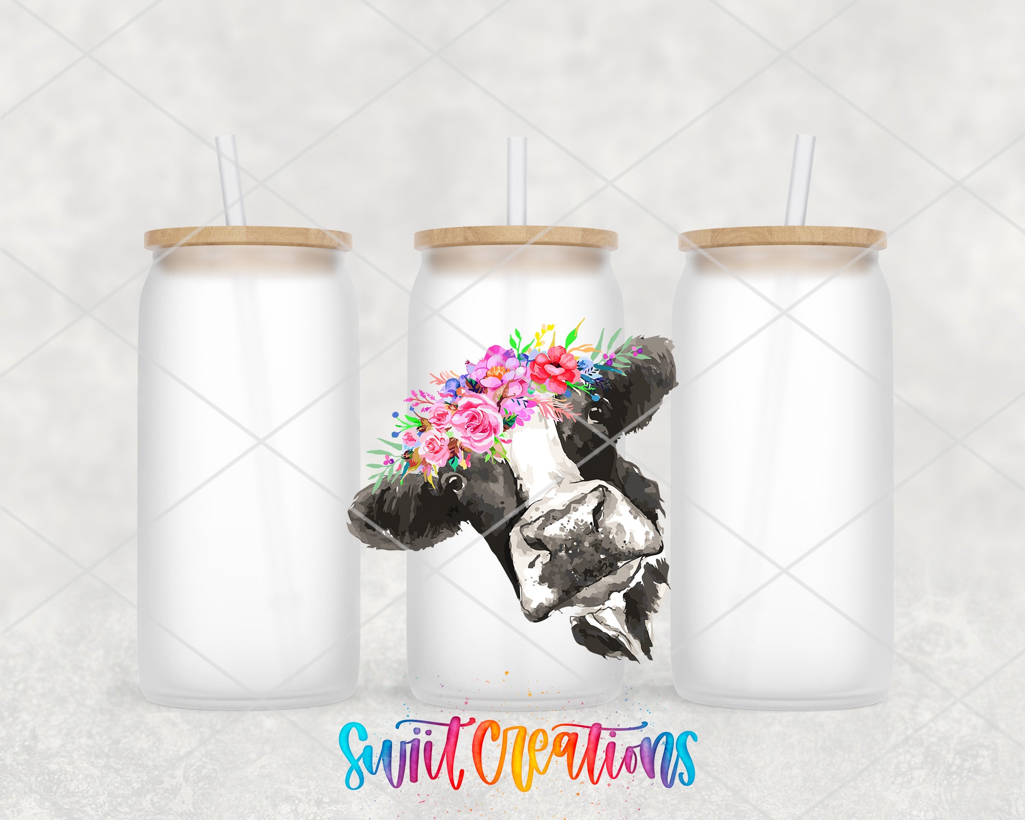 a cow with a flower crown on it's head and a straw in its