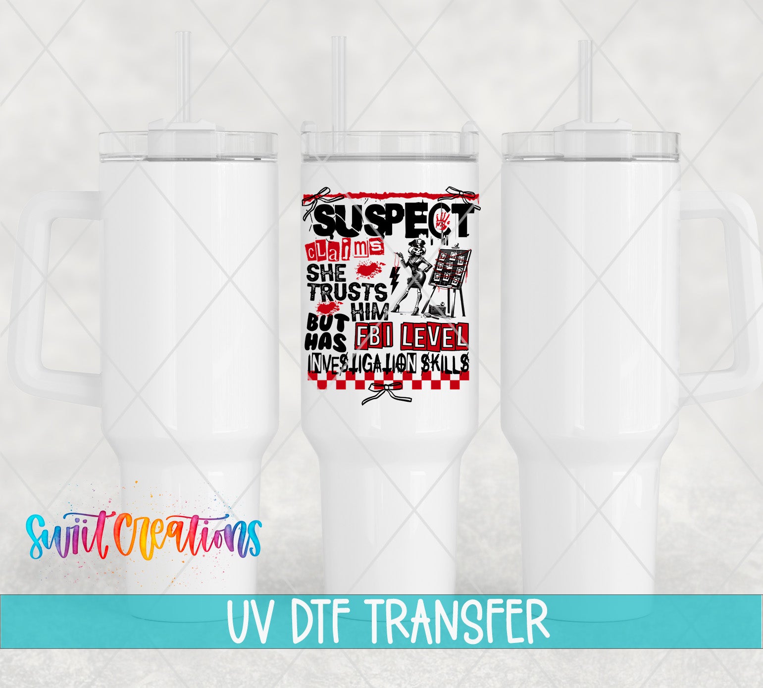 The image is a promotional image for a UV DFT (ultraviolet dye transfer) transfer service. It features three white cups with a design on the center cup that includes text and graphics.
