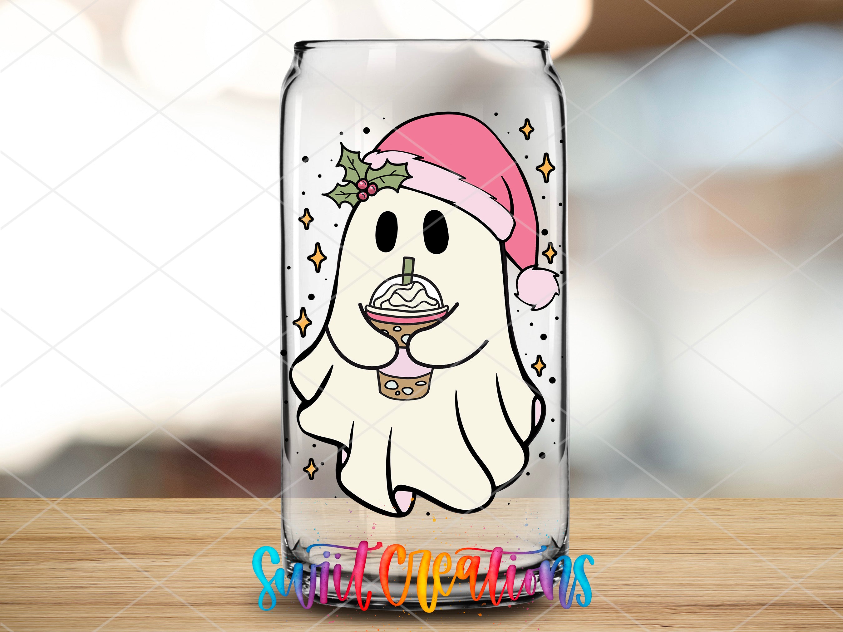 a glass with a picture of a dog wearing a santa hat