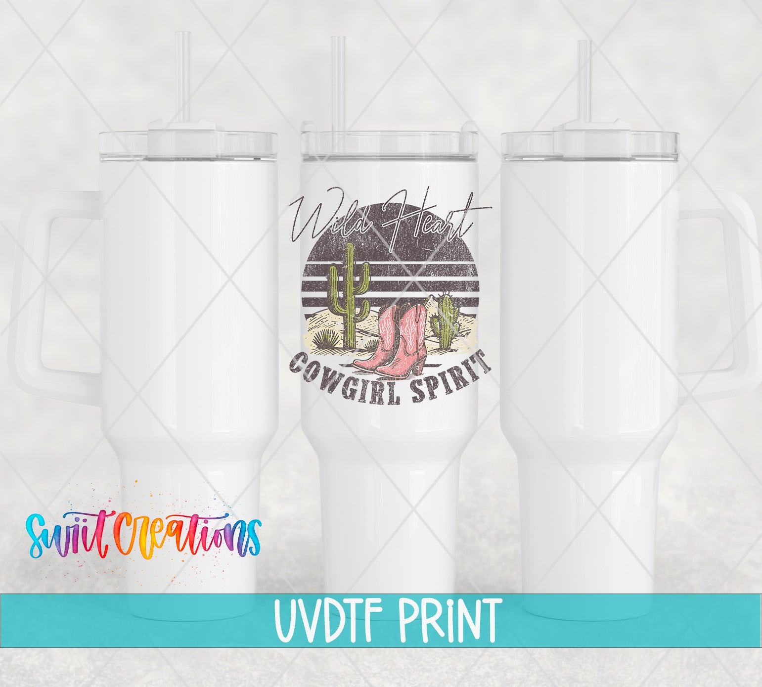 three white tumblers with a graphic design on them, including a cactus and the text "Wild Heart Cowgirl Spirit".