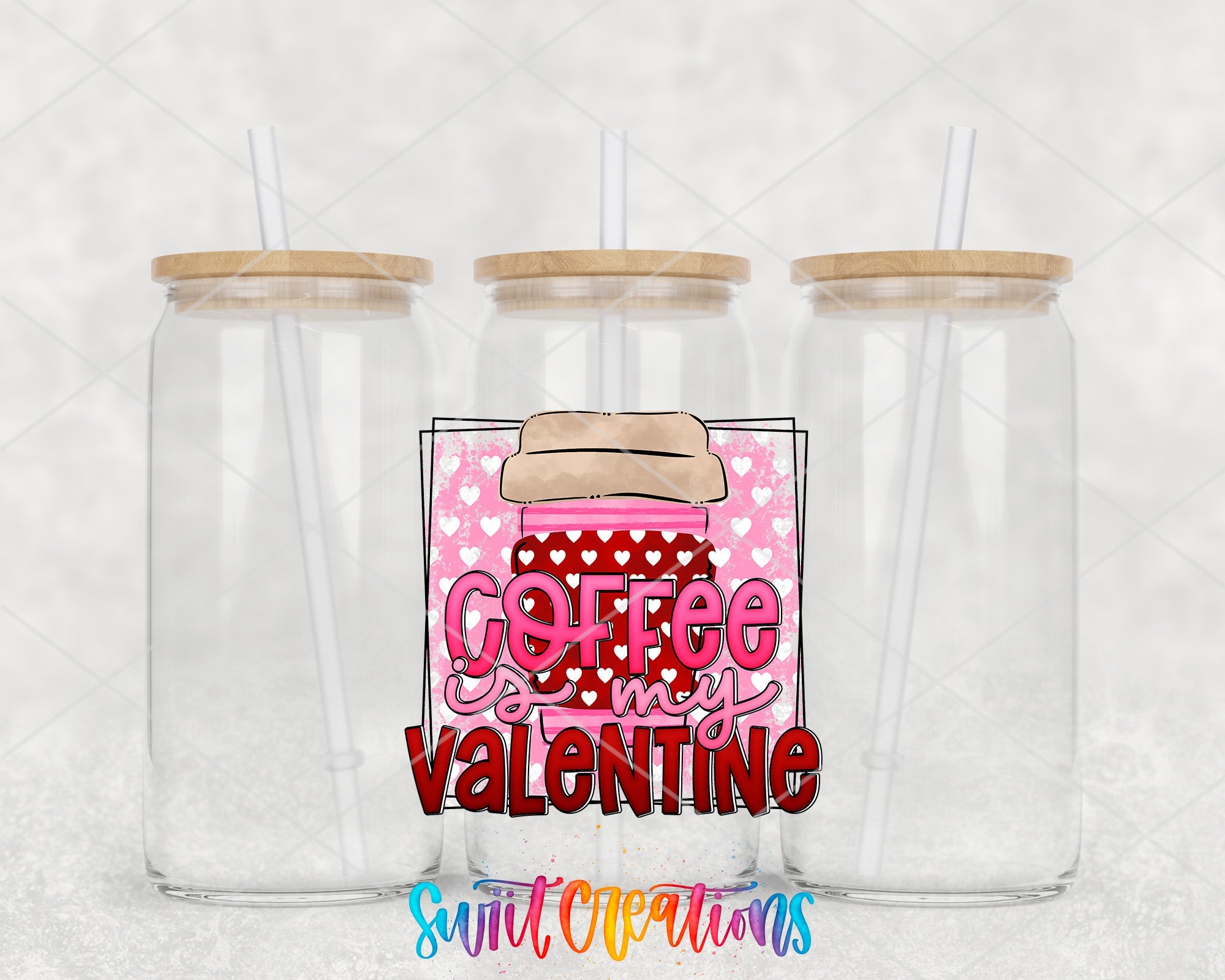 two plastic cups with straws in them with the words coffee and valentine written on