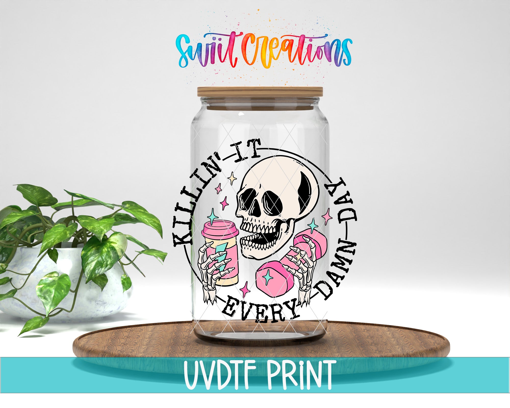 a glass jar with a skull and a donut on it