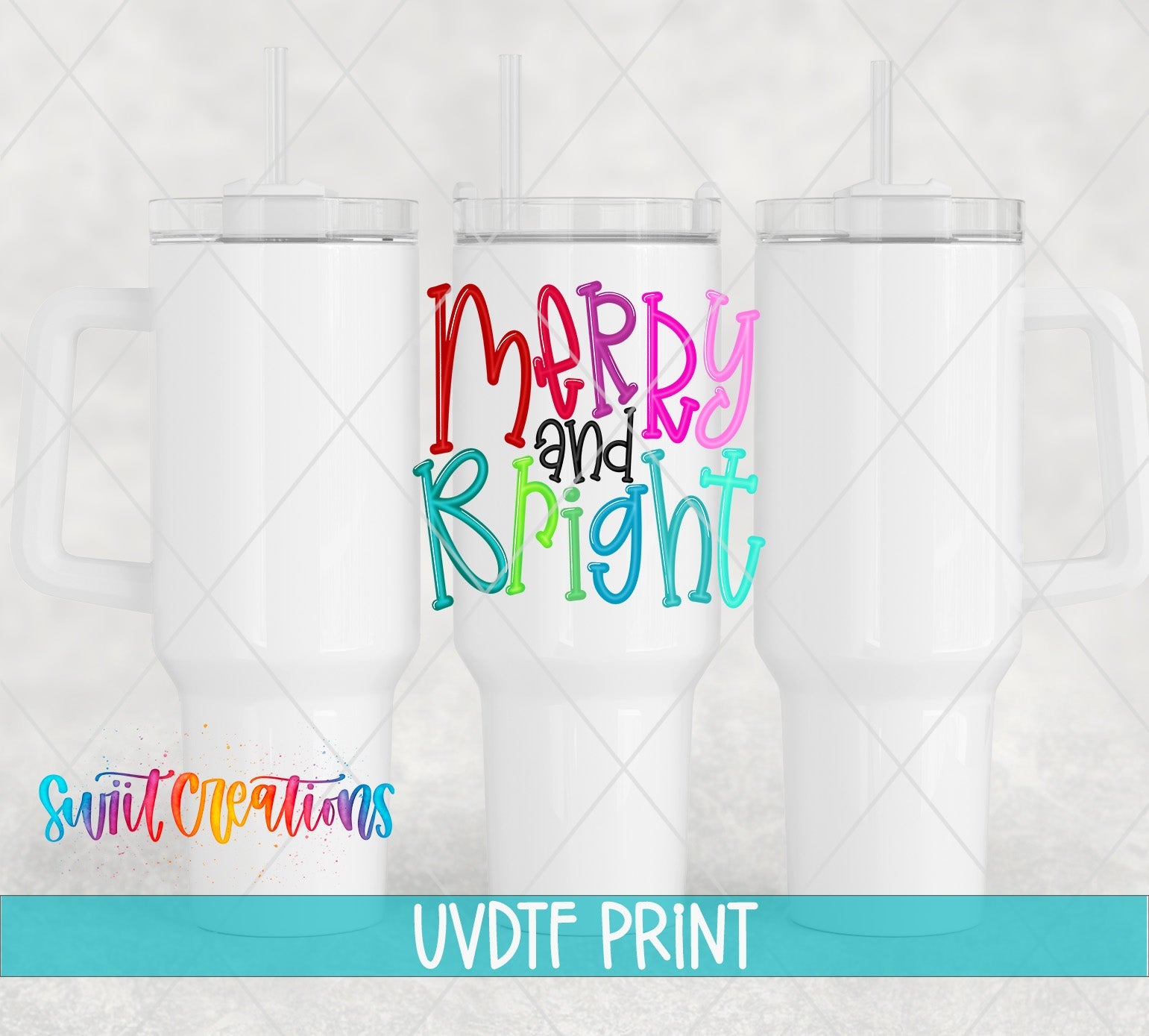 three white coffee mugs with merry and bright designs