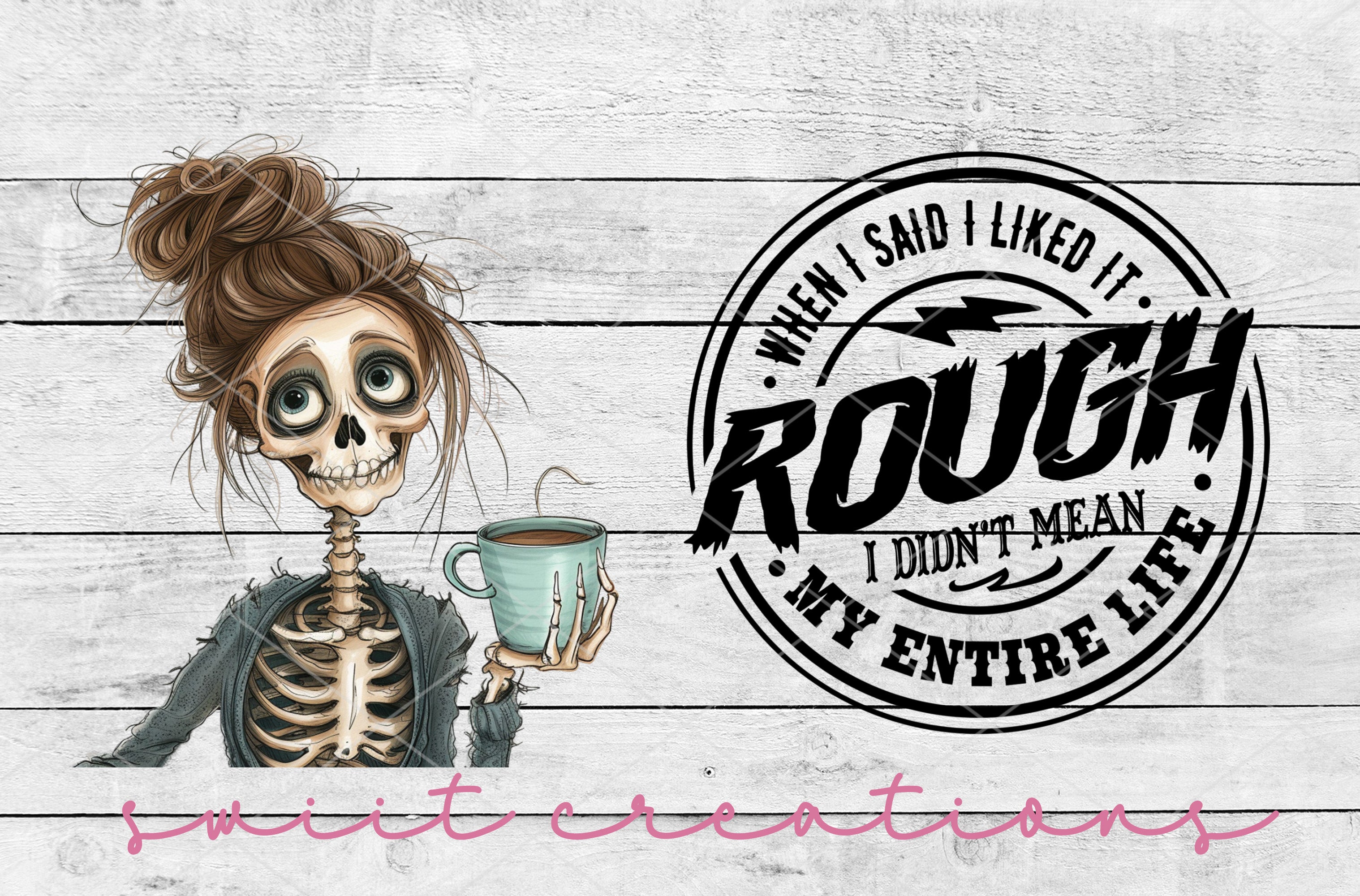 a skeleton holding a cup of coffee next to a sign