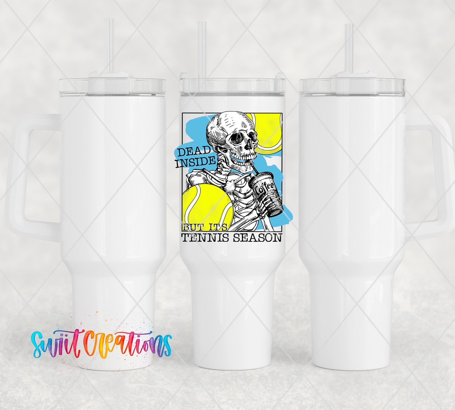 a white tumbler cup with a skeleton holding a tennis ball