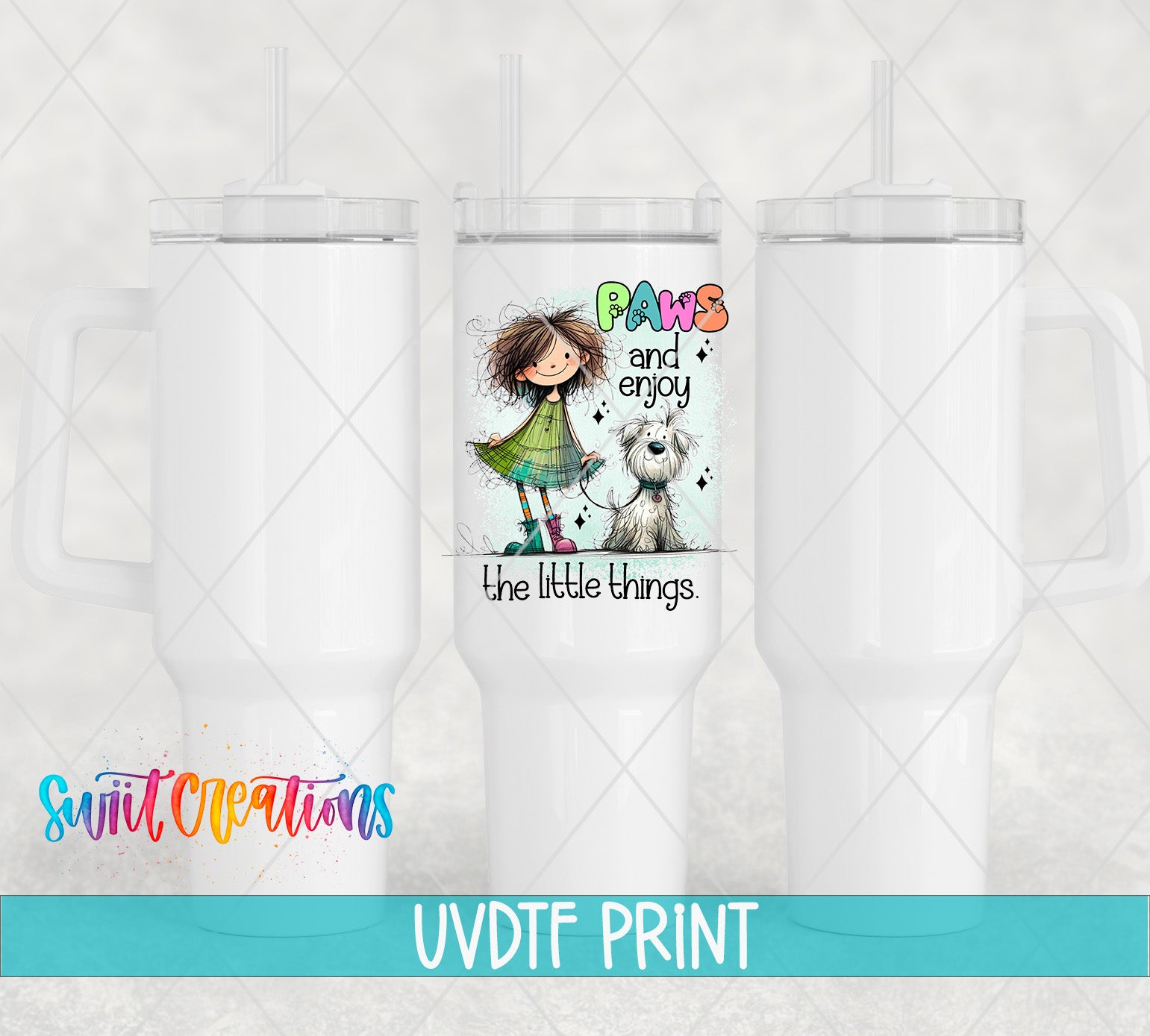 a white tumbler with a colorful design and text printed on it.