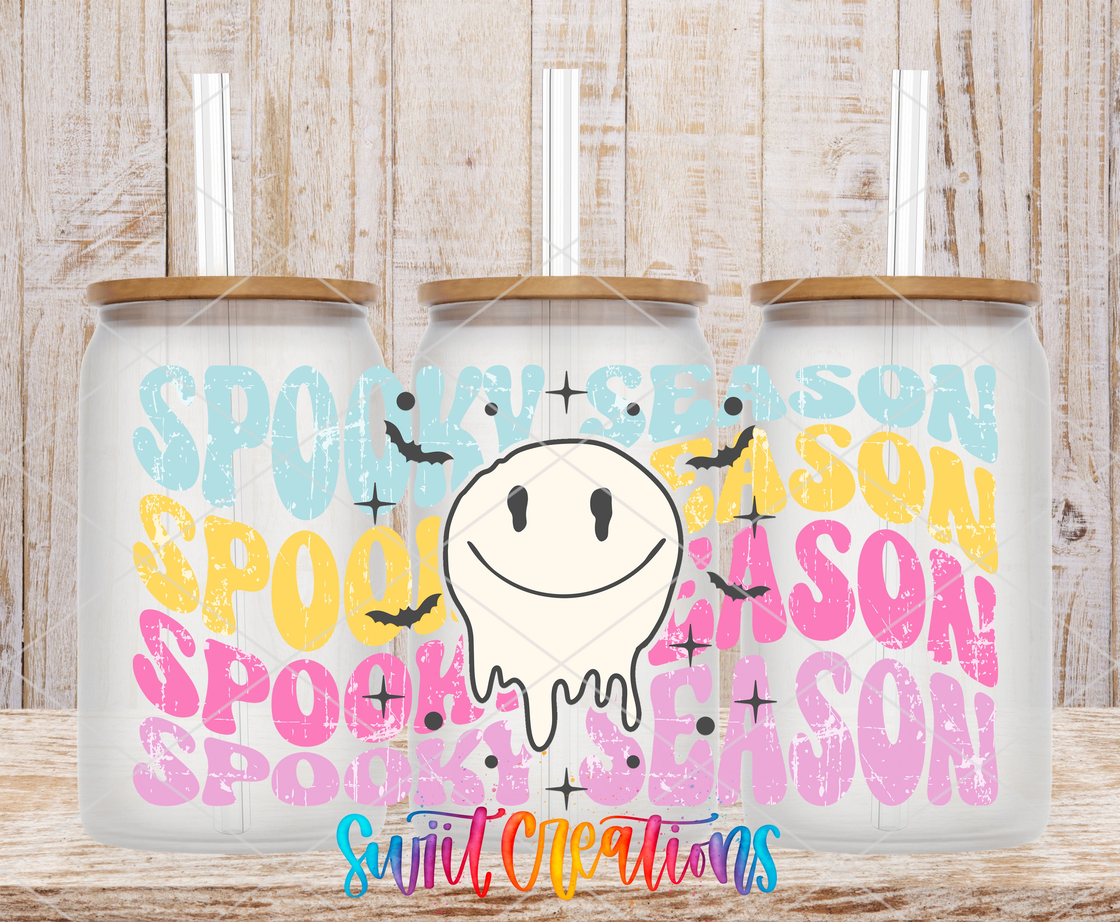 A Halloween-themed design featuring a smiling ghost surrounded by the text "SPOOKY SEASON" in various colors and styles.