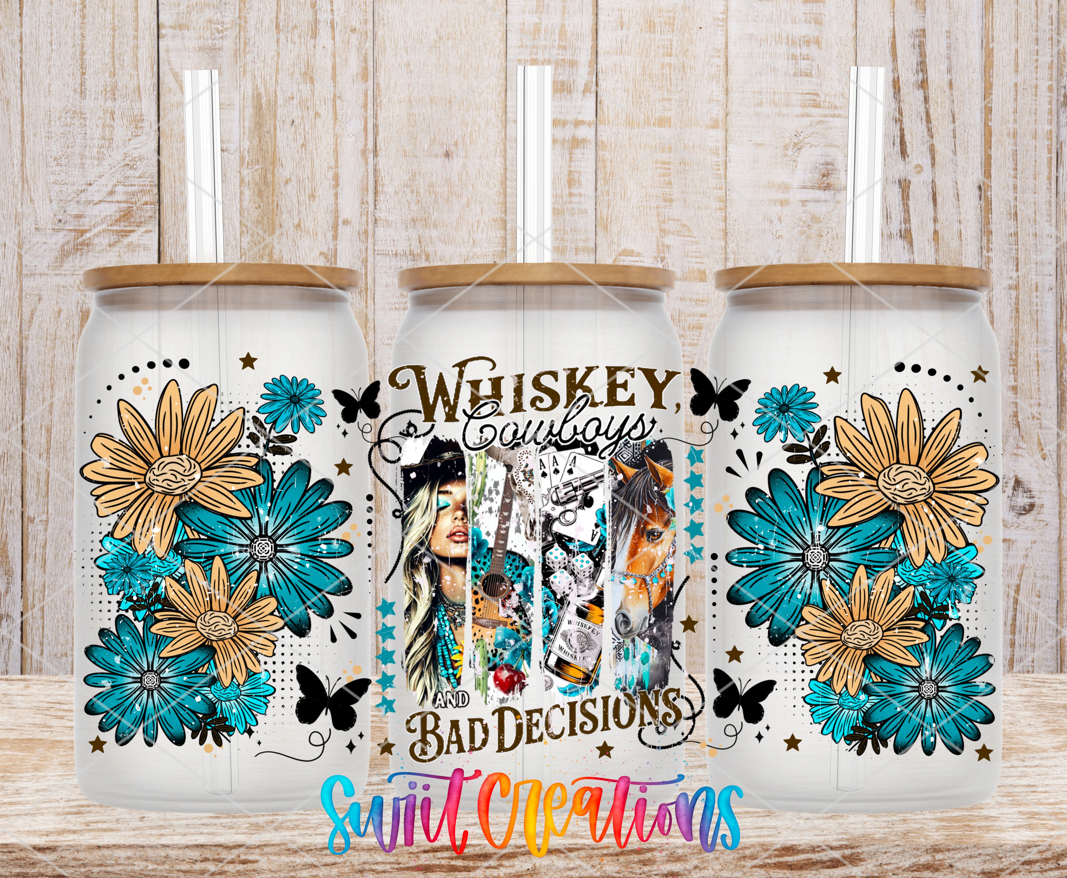 three white tumblers with floral designs and text, including the phrase "Whiskey Cowboys Bad Decisions" and a colorful, artistic collage of images.