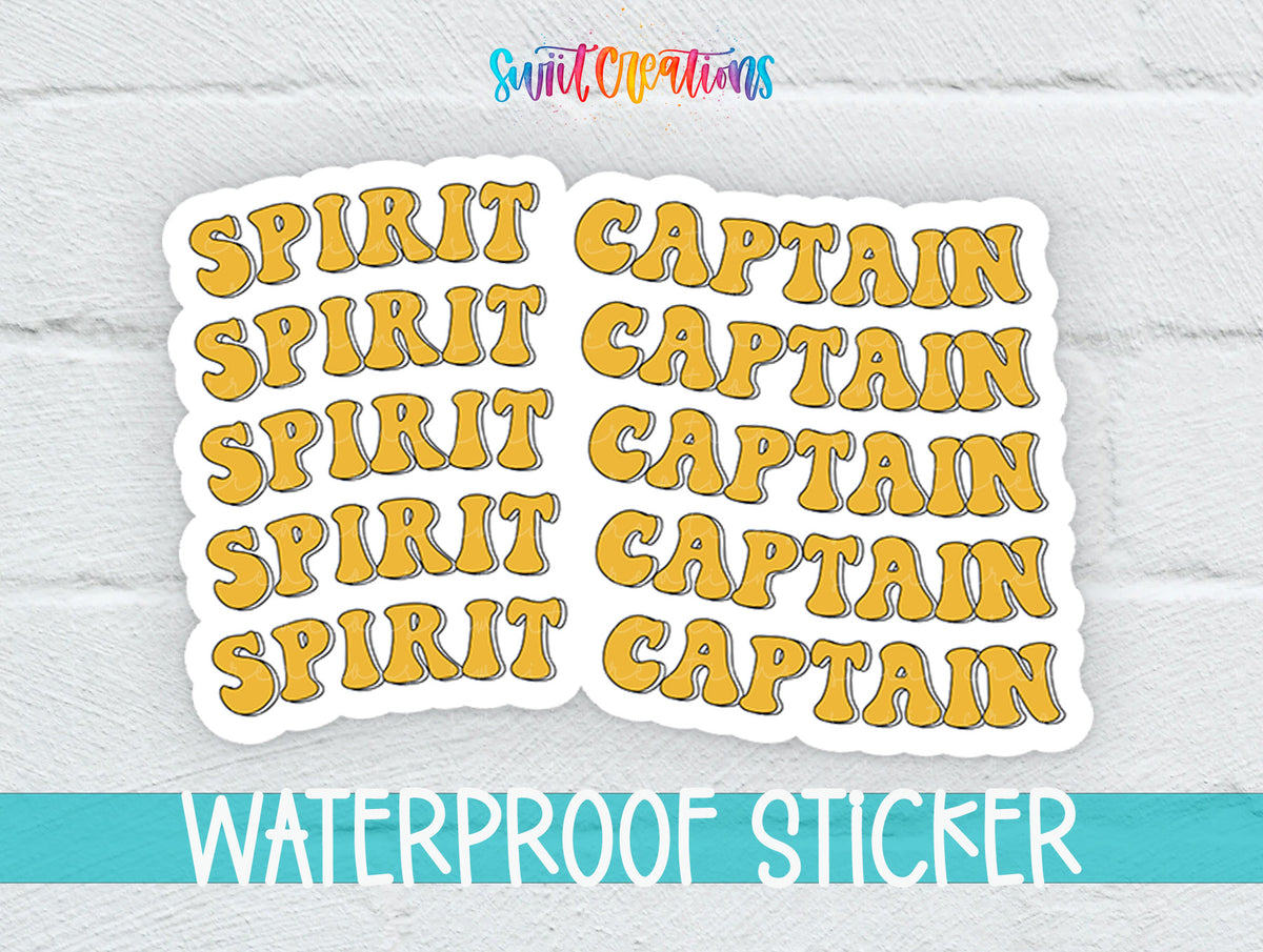 a sticker with the word "SPIRIT" repeated multiple times in a stylized font, and the word "CAPTAIN" below it. The sticker is placed on a white background, and there is text at the bottom of the image that reads "WATERPROOF STICKER".