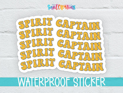 a sticker with the word "SPIRIT" repeated multiple times in a stylized font, and the word "CAPTAIN" below it. The sticker is placed on a white background, and there is text at the bottom of the image that reads "WATERPROOF STICKER".
