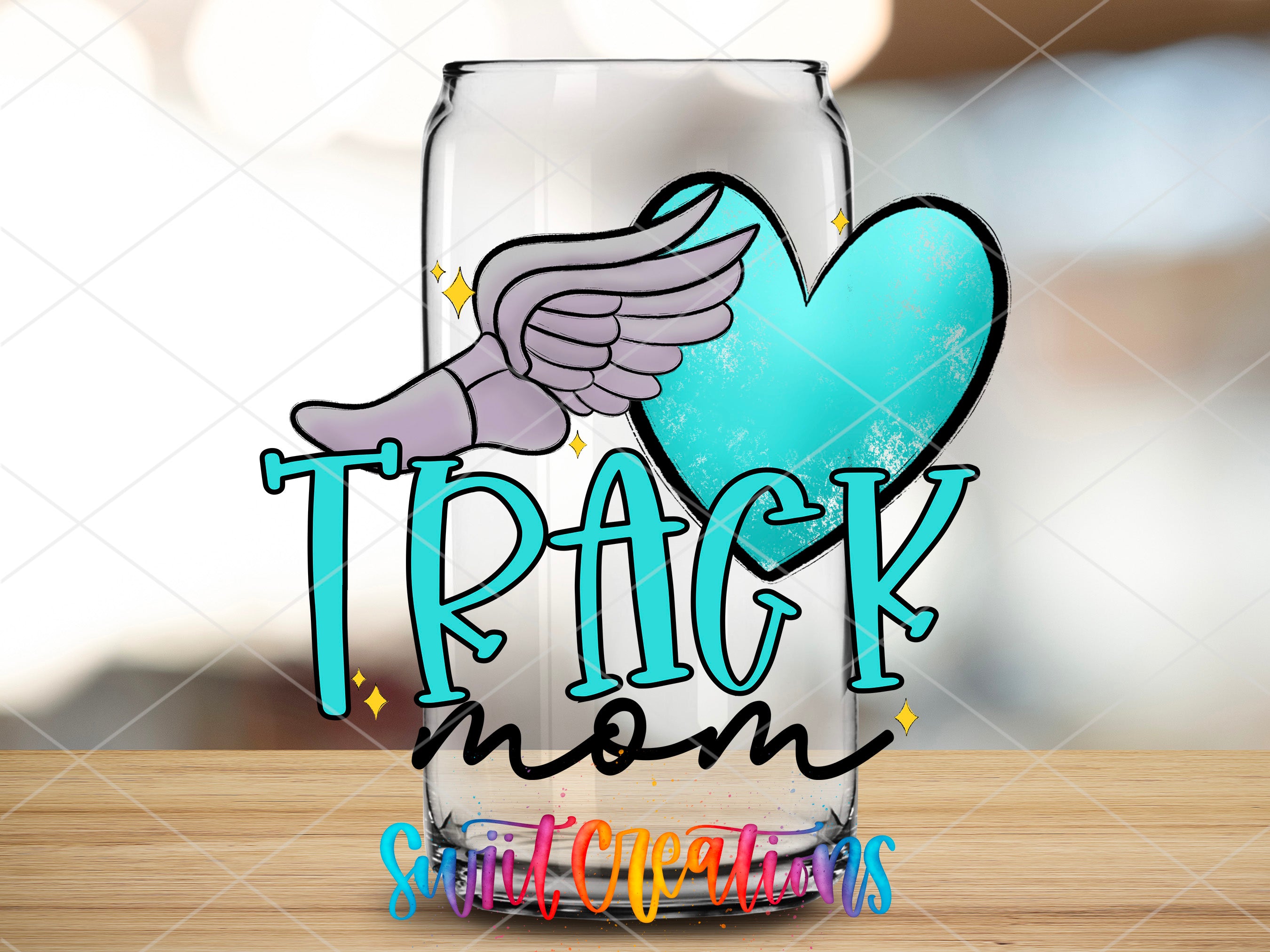 a glass with the words track mom on it