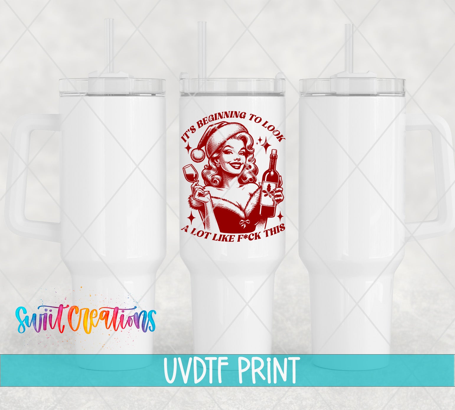 a set of three white tumblers with a santa clause design on them