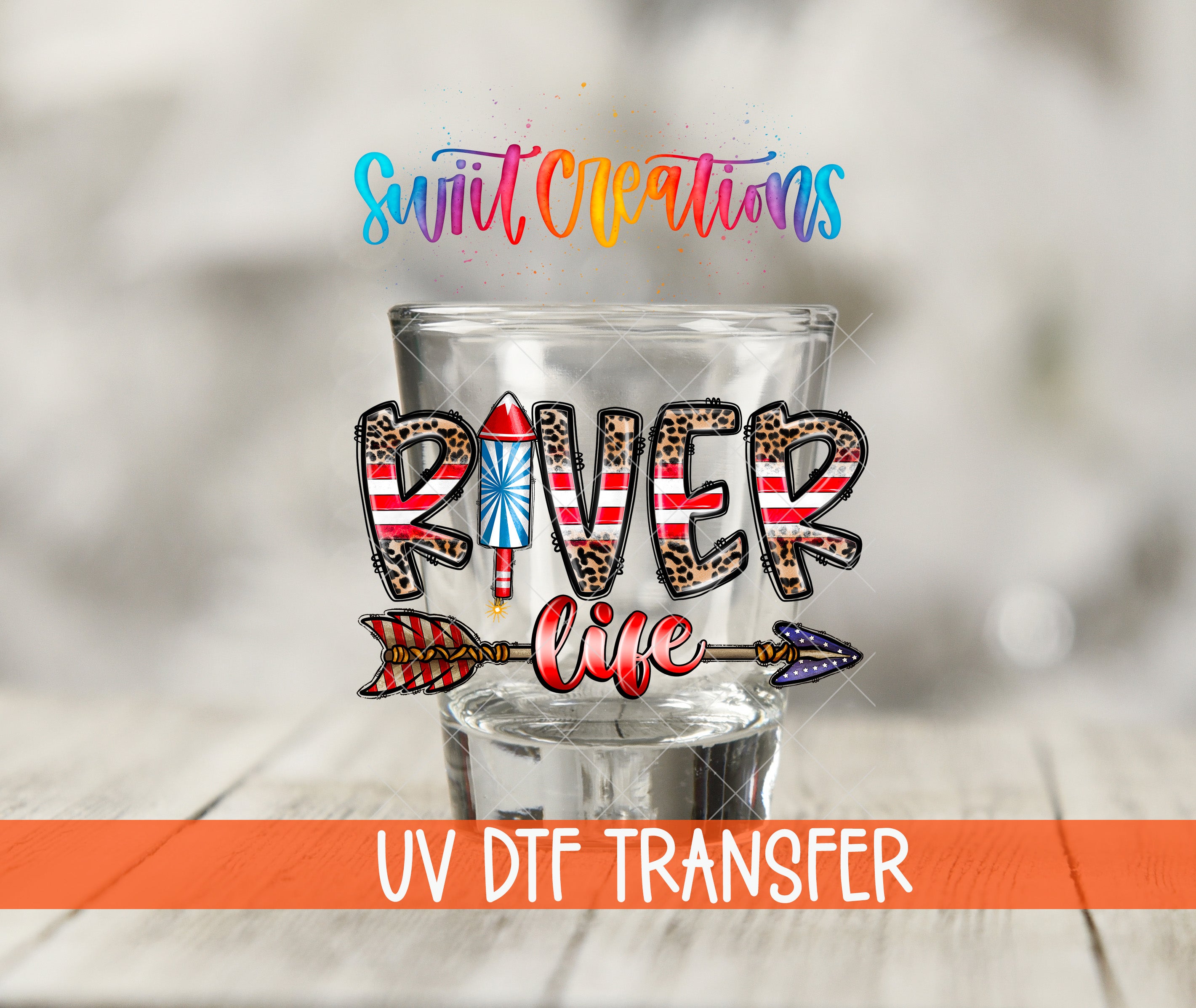 a glass with the text "River life" and an arrow pointing to the right, along with a colorful and stylized design.