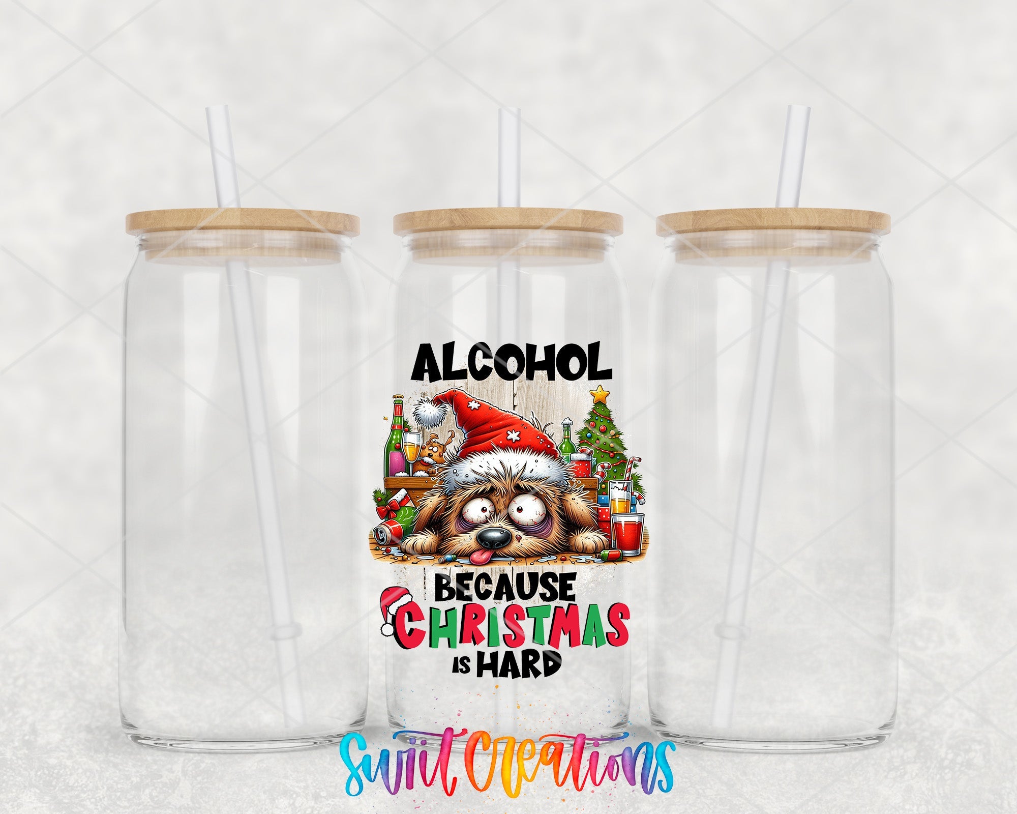 two clear tumblers with a christmas themed label on them