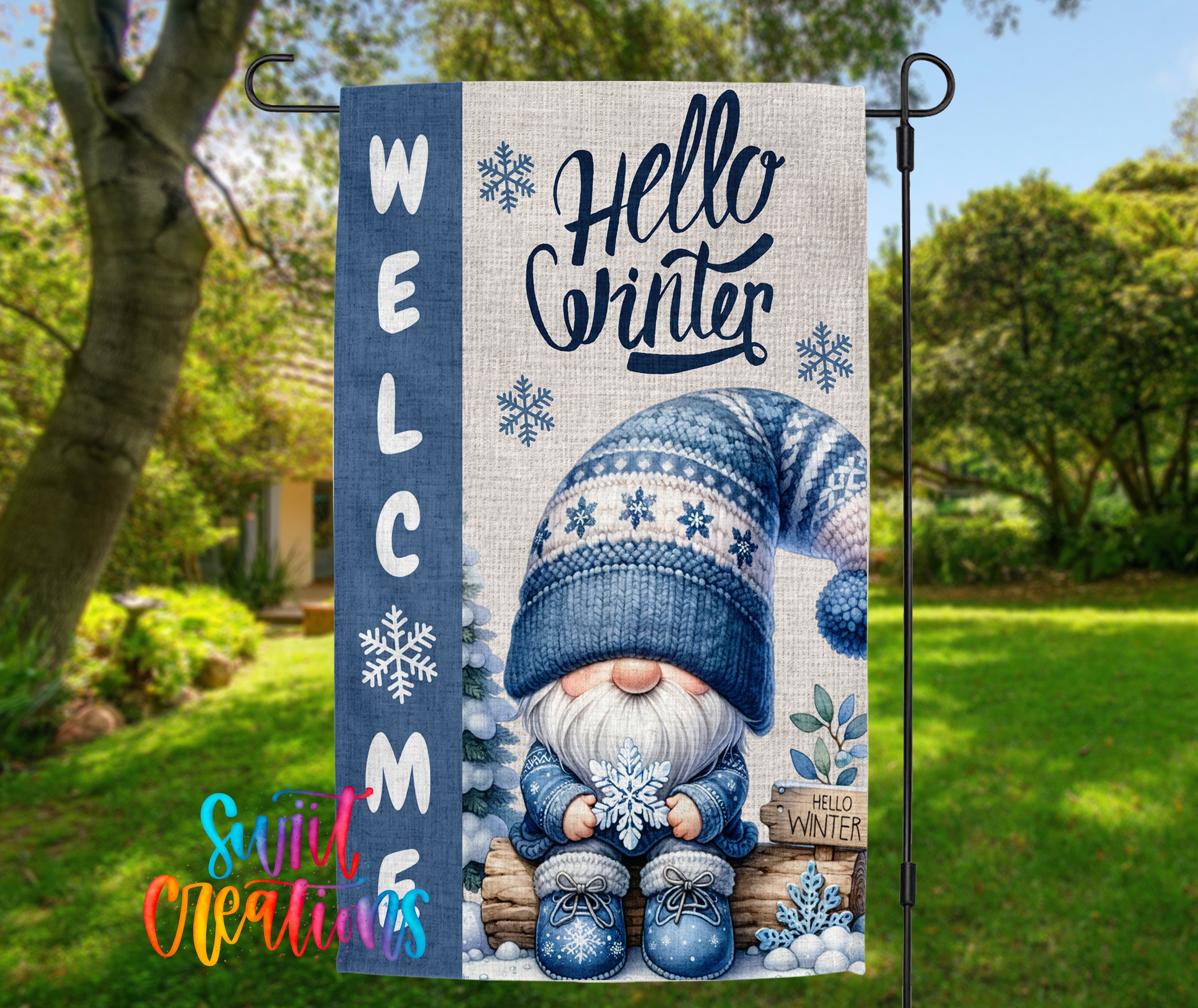 A welcome banner featuring a gnome wearing a winter hat and holding a snowflake, with the text "Hello Winter" displayed prominently.