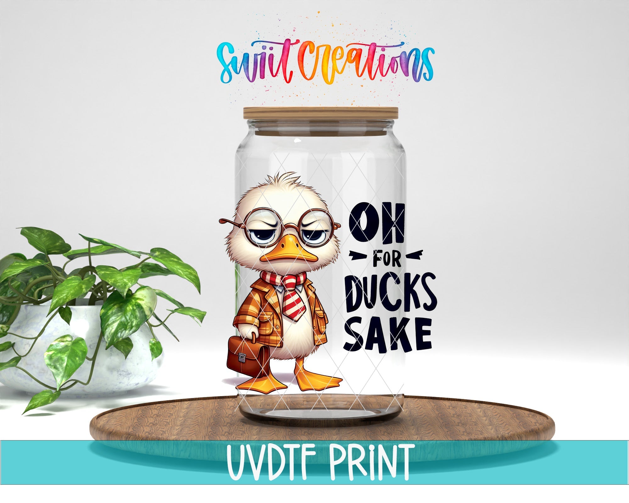 a glass jar with an image of a duck wearing glasses