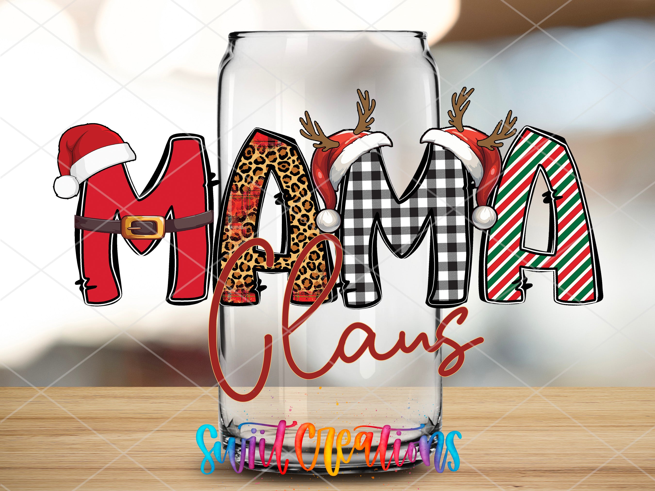 a glass with the word mama claus on it