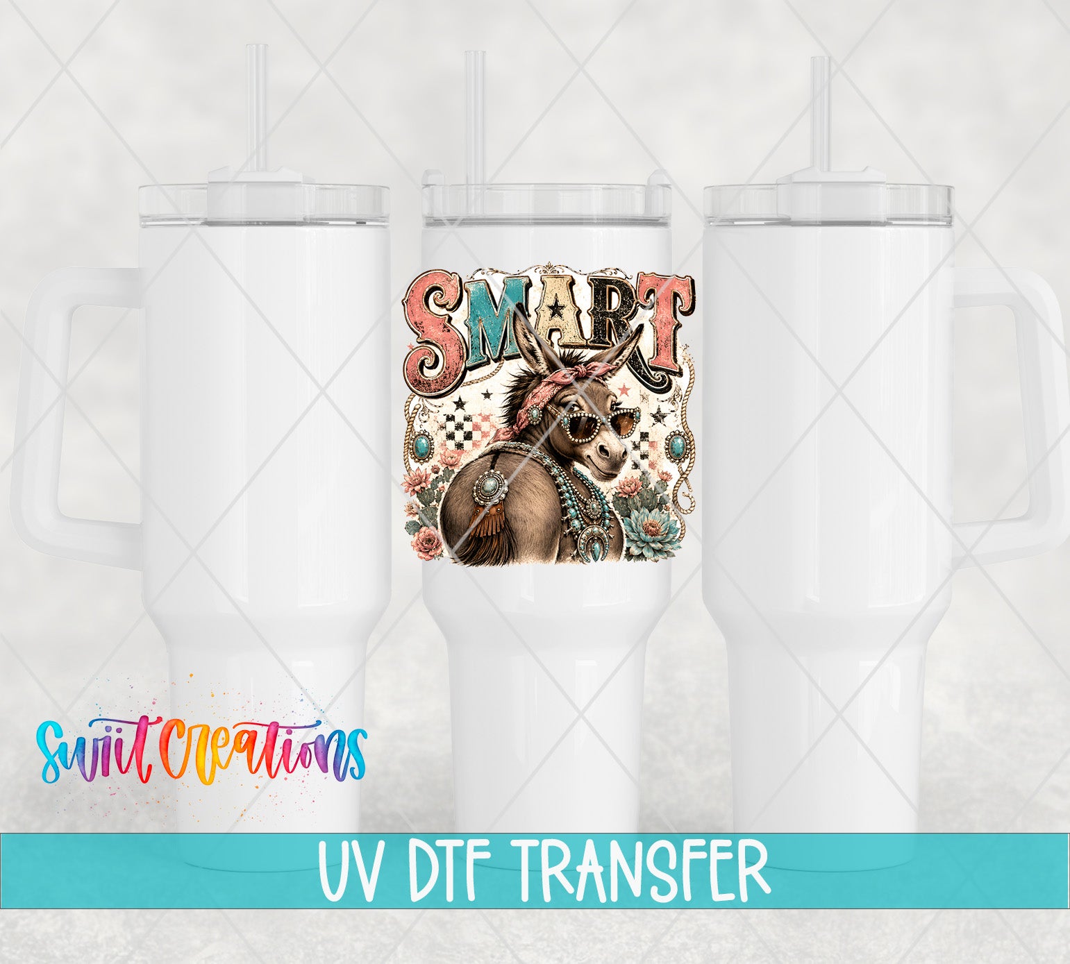 three white tumblers with a colorful graphic design on the center one, which appears to be a "Smart" design. The text "UV Dtf Transfer" is displayed below the image.