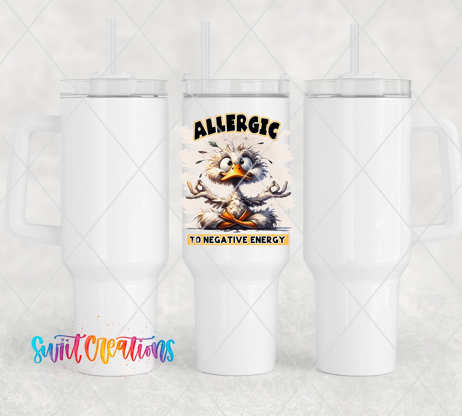 a white travel mug with an image of an angry bird on it