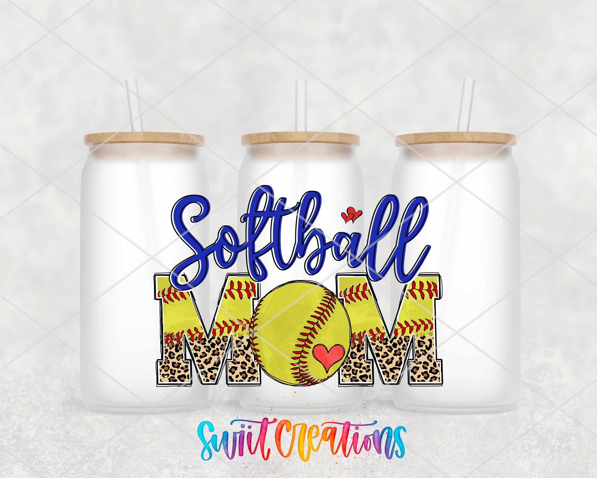 three white tumblers with leopard print designs and the text "Softball Mom" written on them.