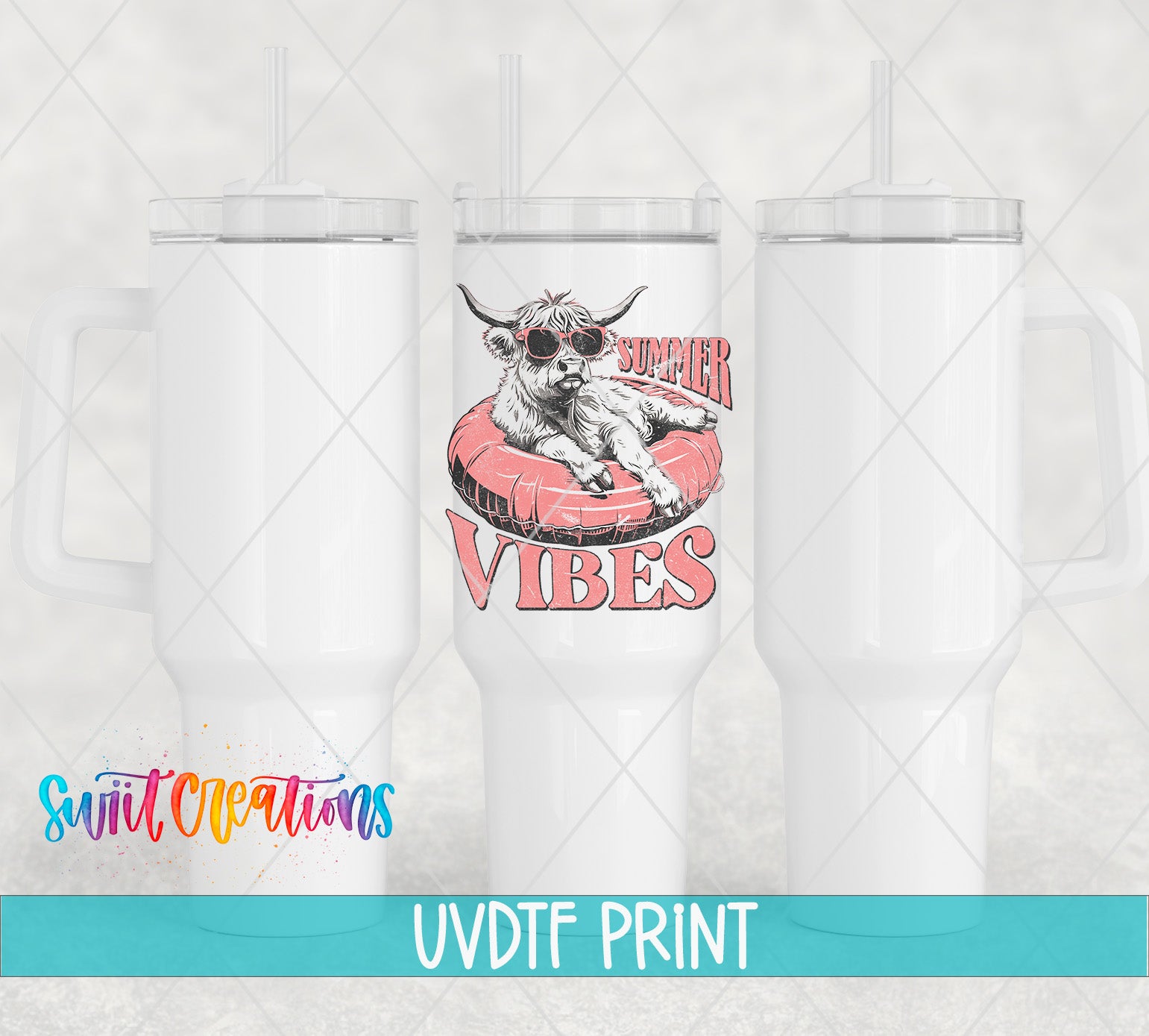 a white tumbler with a printed design of a cow wearing sunglasses and the text "SUMMER VIBES" on it.