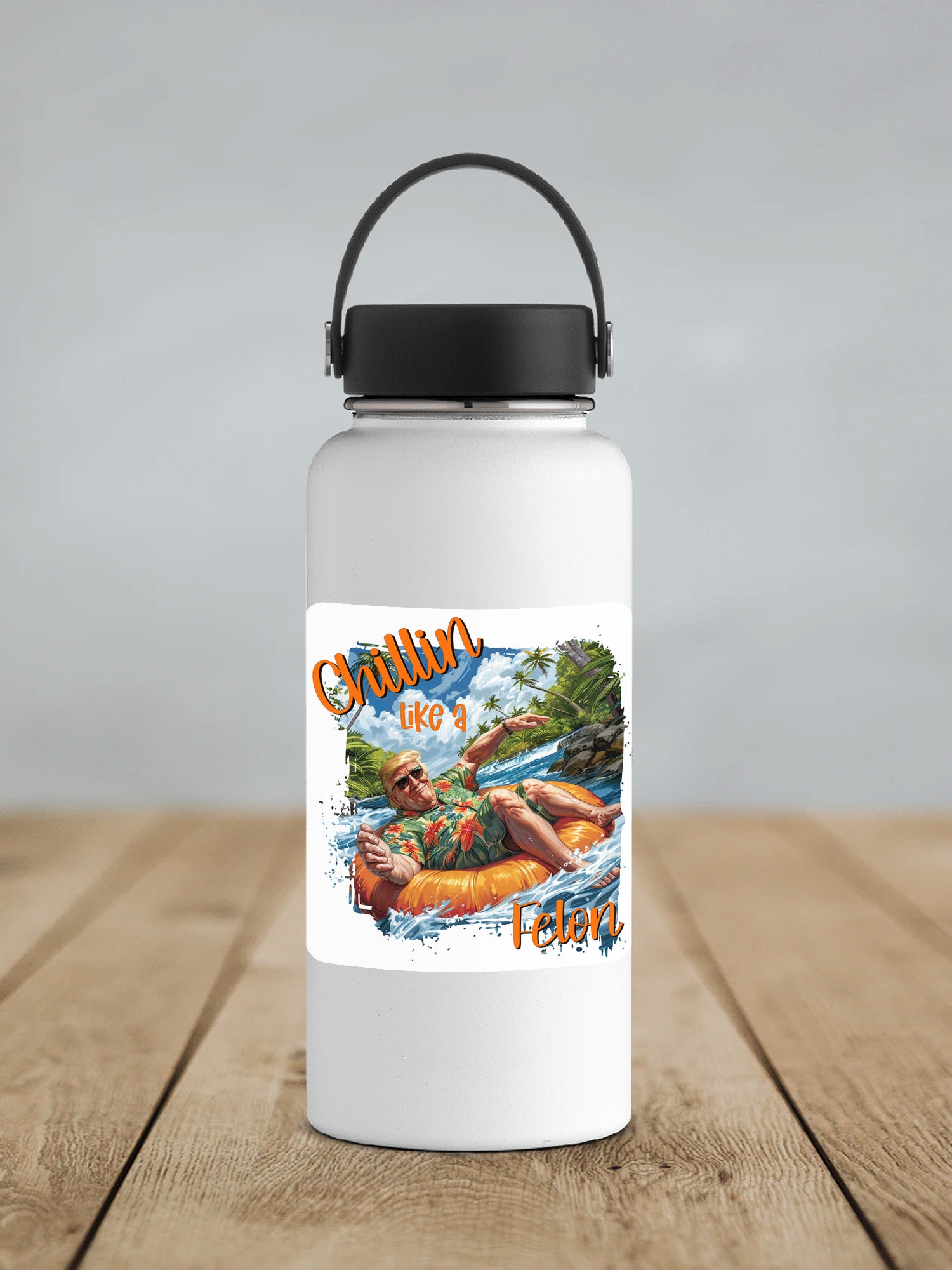 a water bottle sitting on top of a wooden table