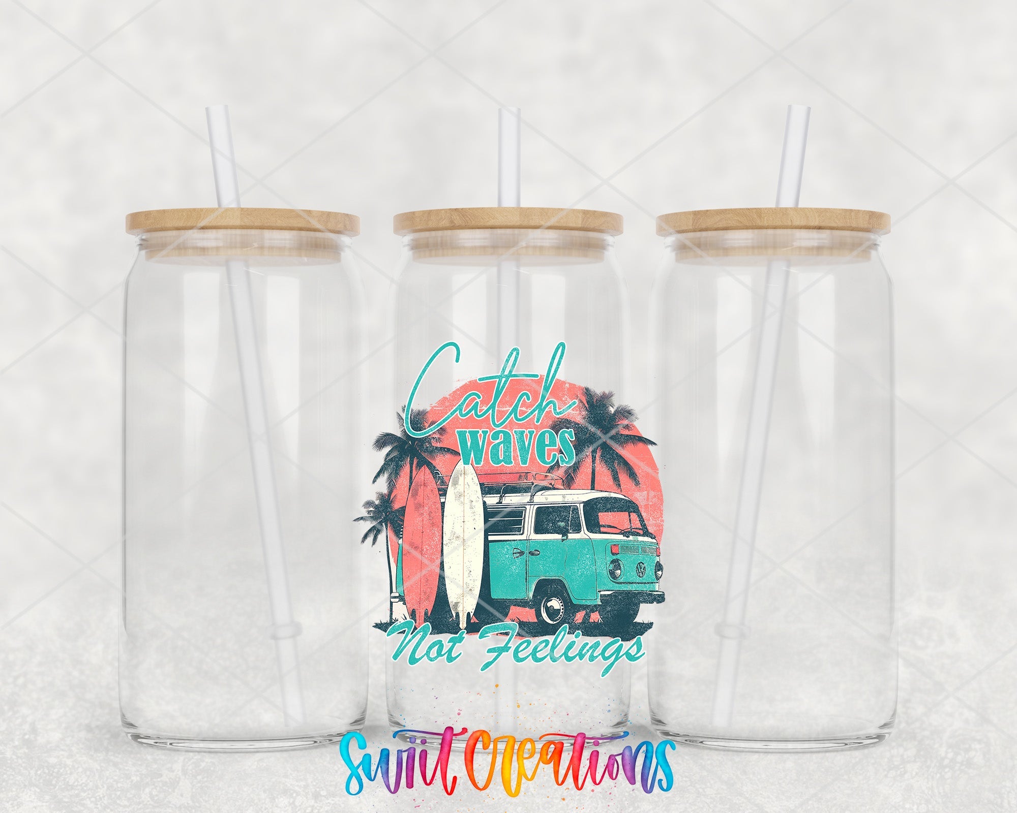 two clear tumblers with a blue van and palm trees